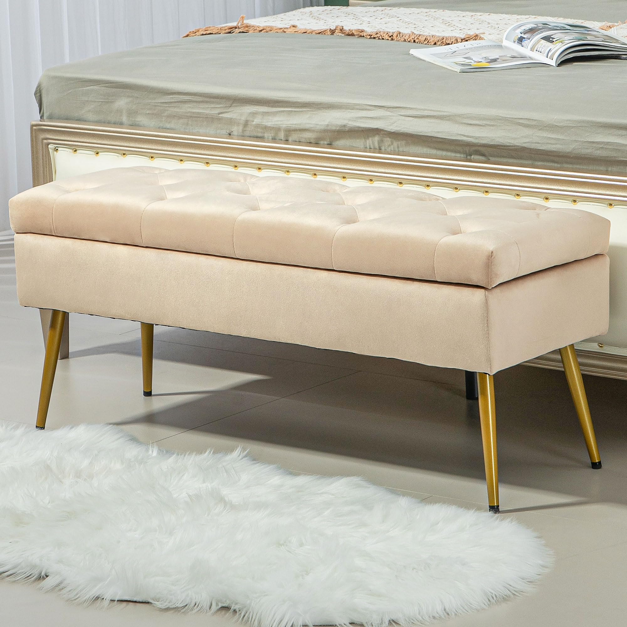 HOMCOM Banco almacenamiento tapa, terciopelo, 102x35x43cm, Beige | Banco tapizado, banco cama para pasillo, dormitorio, salón, marco metálico.