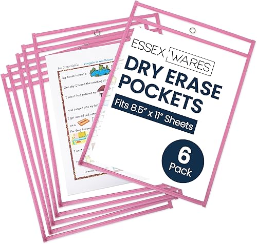 Essex Wares - Paquete de 6, protectores de documentos de bolsillo de borrado en seco, color rosa, 10 pulgadas de ancho x 13.5 pulgadas de alto -
