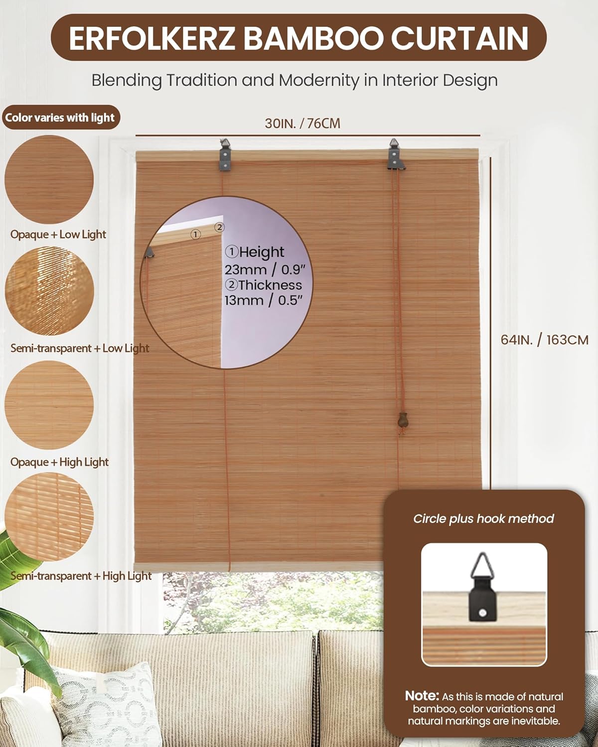 30" Wx64 H Bamboo Blinds Roller Shades for Indoor Window, Natural Light Filtering Bamboo Curtain Roll Up with Cord, Privacy Roman Shade for Interior/Exterior, Mounting Hardware Included