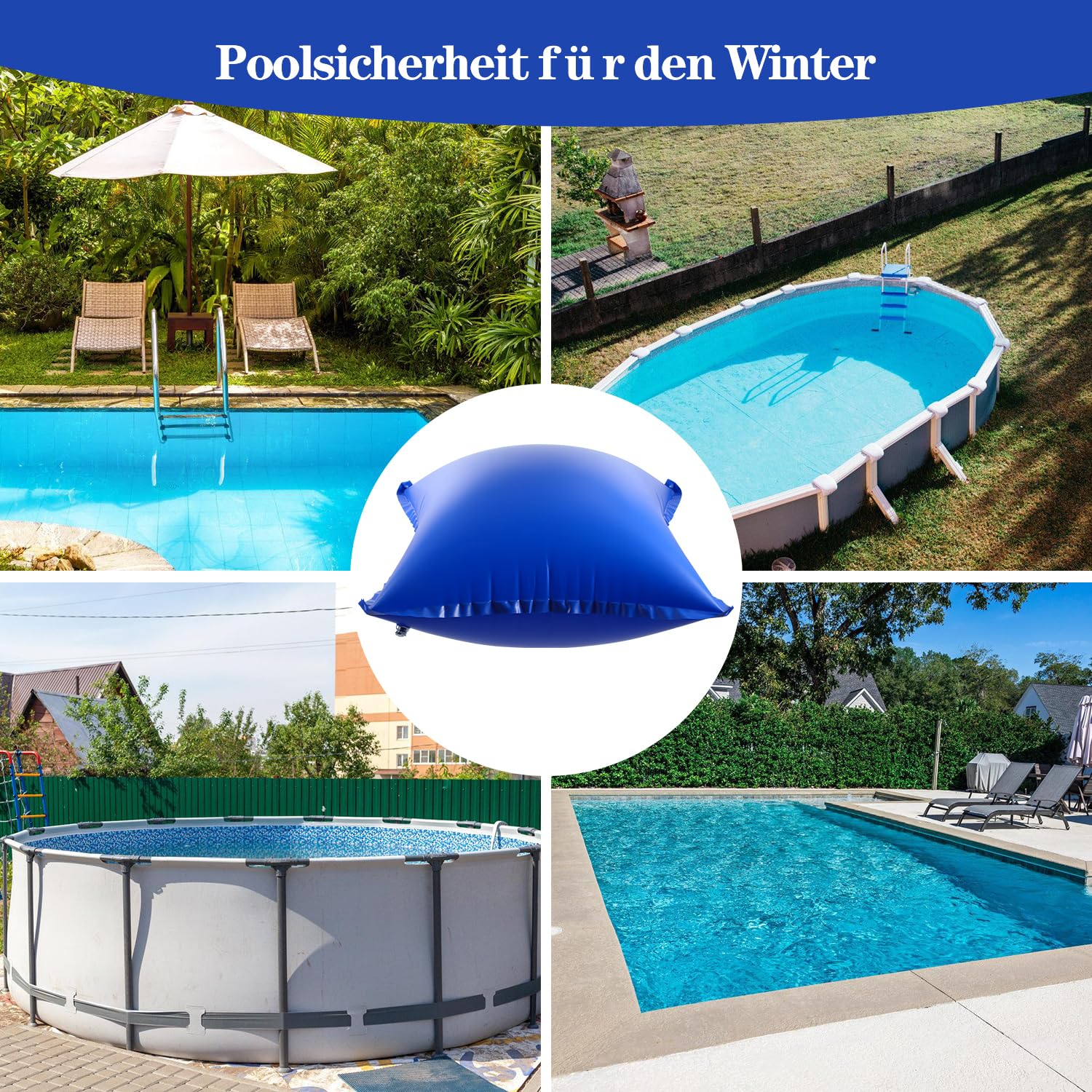 Lot de 2 coussins de piscine d'hiver 120 x 120 cm avec valves de sécurité surdimensionnées, avec corde de 8 m pour la plupart des espèces, coussins de piscine, coussins d'air pour piscine