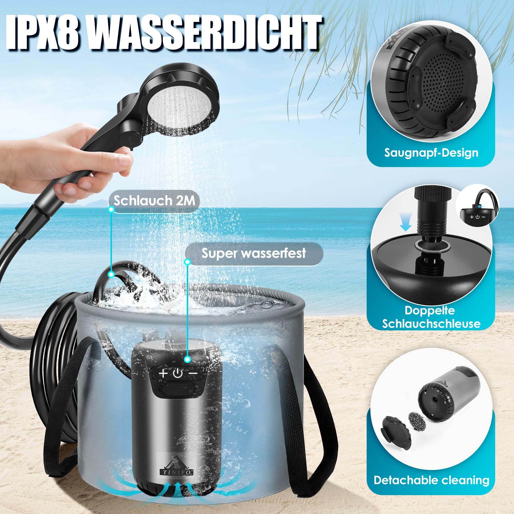 Campingdusche mit Pumpe, Tragbare Camping Dusche mit wiederaufladbarem 8000mAh Akku, Mobile Dusche mit Temperaturanzeige, 2m Schlauch für Camping, Autowaschen, Gartendusche und Haustierwäsche