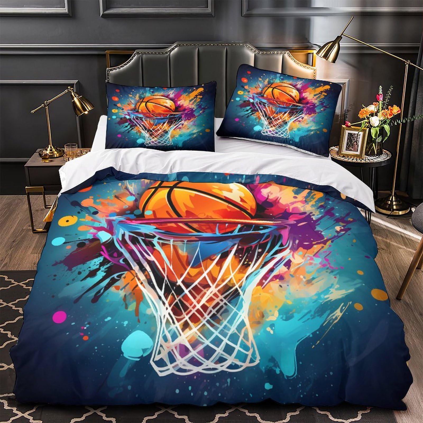 MMDASBVPE Basketball Dunk Duvet Cover 3D Design Printed Hypoallergenic 3 Pieces Bedding Set Zipper Quilt Cover Ultra Soft Wrinkle-Resistant for Teens Kids Girls Boys Women Adults Single（140x200cm）