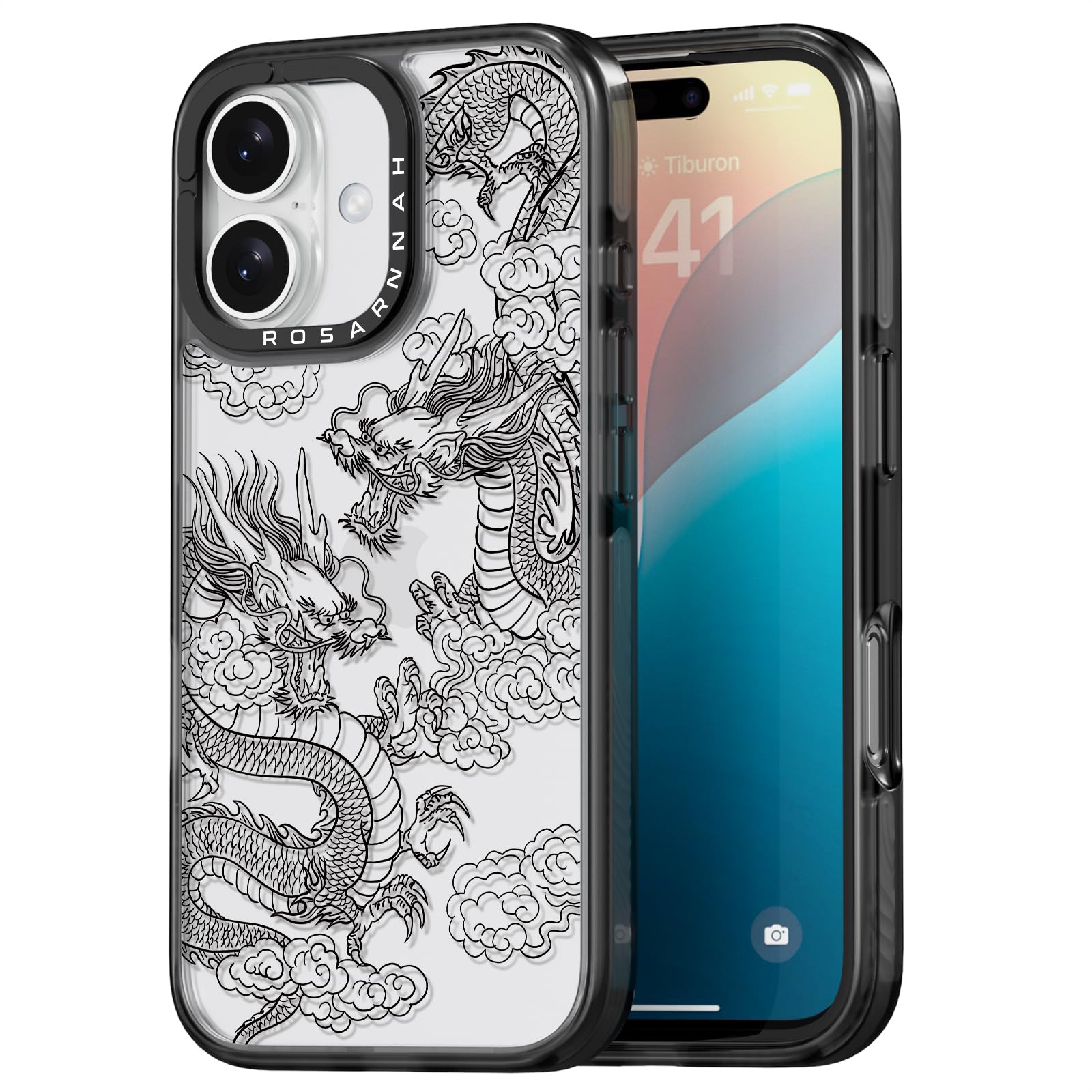 Rosarnnah Compatible for iPhone 16 Case Cute - Durable Shockproof 6.6 ft Drop Impact Phone Case - Black Funny Dragon Design for iPhone 16 6.1"