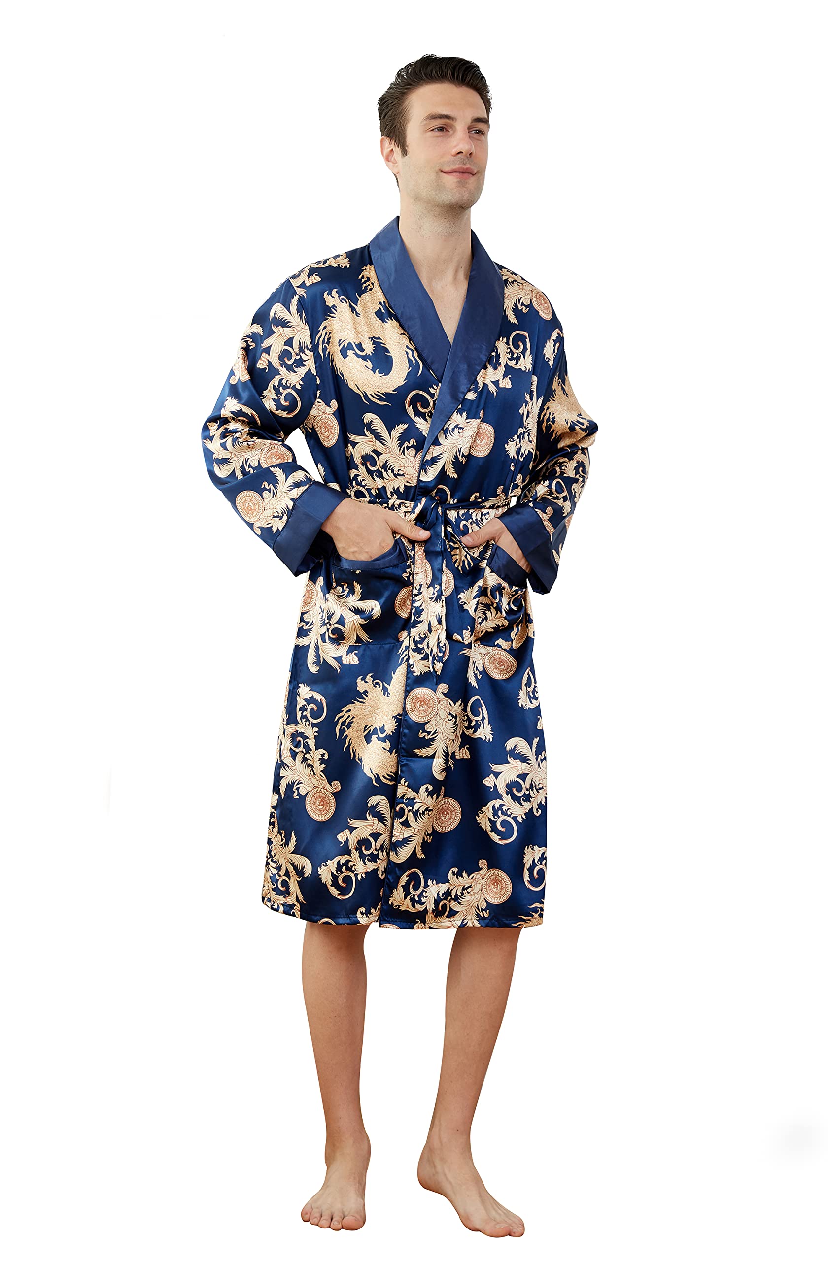Westkun Saten Albornoz Kimono Con Bolsillos y Cinturones Japones Pijama Batas de Casa Largo por Novia Boda Regalos Lujoso Lencería Suave Comodo y Agradable M-3XL
