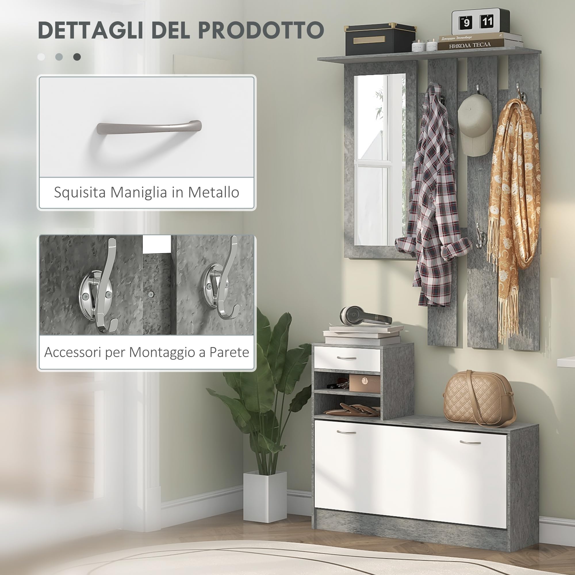 HOMCOM Set Mobili Ingresso Moderno con Scarpiera e Specchio, Appendiabiti da Ingresso con 6 Ganci, 2 Ripiani Regolabili e Cassetti in Legno per Corridoio, Bianco e Grigio Chiaro