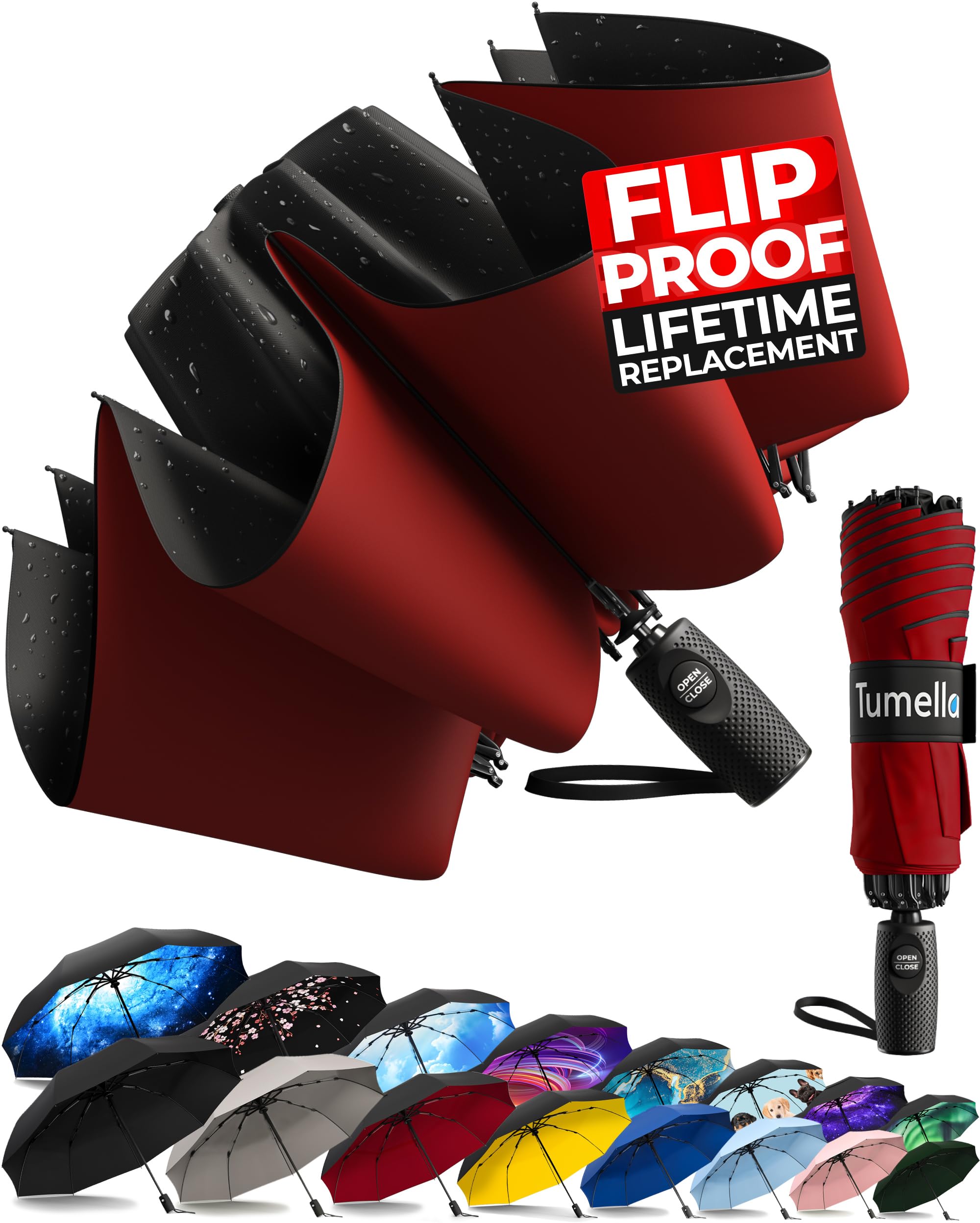 TUMELLA Inverted Windproof Umbrella, Large, Strong, Light, Portable, Automatic Reverse Folding Rain Umbrella, Durable Premium Grip, Fits Car &