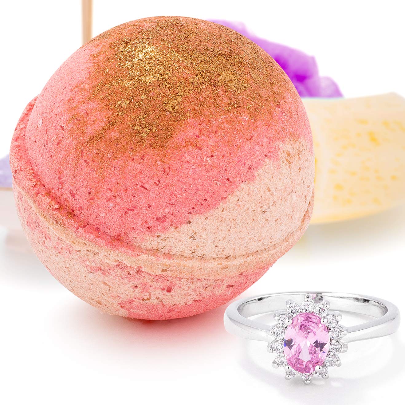 Bauble Bomb's Frosted Cranberry Bliss Jewelry Surprise Deluxe X Large 9 oz Bath Bomb Fizzies Made in USA, Cruelty Free! Ring Size 10