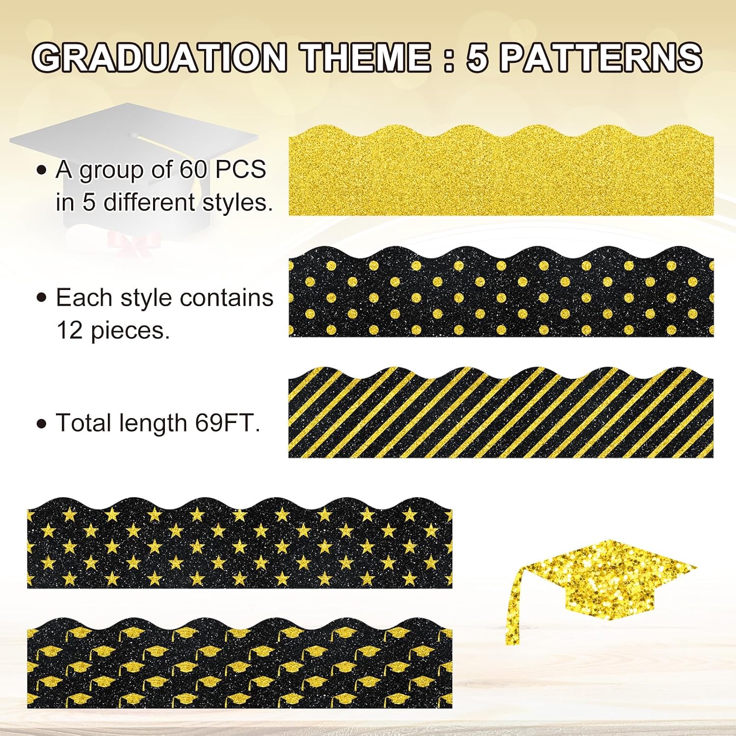 Whaline 69Ft Graduation Bulletin Board Borders Glitter Black Gold Graduation Cap Star Stripe Scalloped Bulletin Board Trim Border for School Classroom Office Desk Window Chalkboard Party Supplies