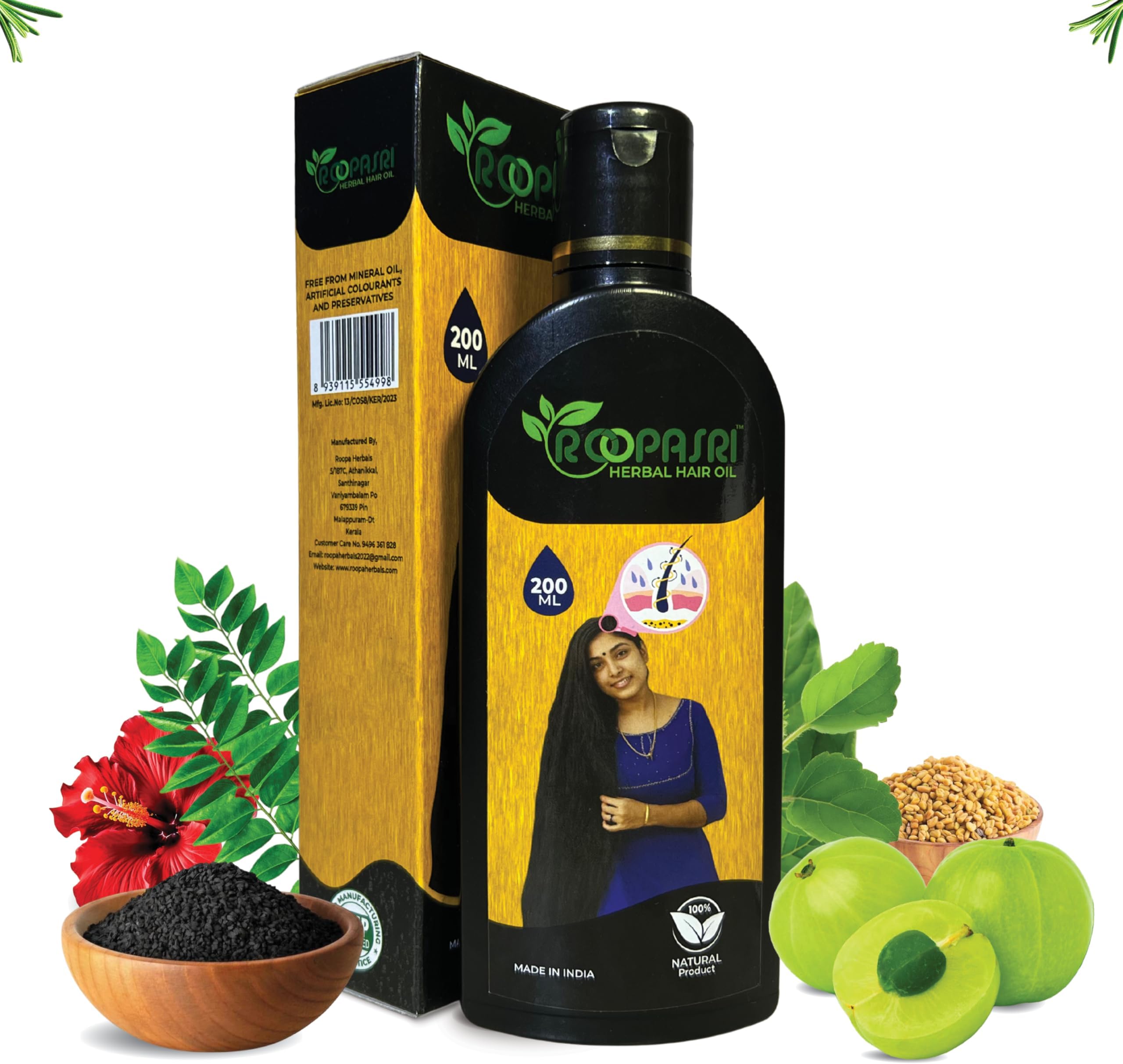 Roopasri Herbal Hair Oil for Men & Women 200 ml | Promotes Hair Growth & Reduces Hair Fall | With Amla, Indigo, Moringa, Hibiscus Flower, Coconut and Bhringraj | Mineral Oil free