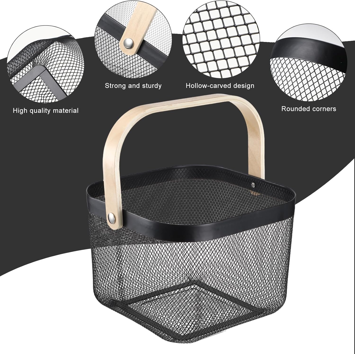 Roshtia Black Metal Mesh Basket with Wooden Handle, Square Wire Storage Basket for Pantry, Bathroom, Kitchen, Retail Display, Farmers Market Carry, 9.65 in