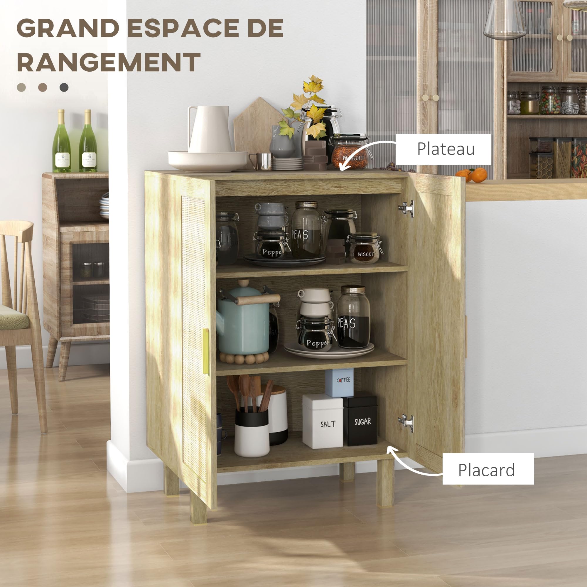 HOMCOM Meuble de Rangement Effet Cannage 73 x 41 x 102 cm Bois Naturel | Buffet Rotin, Placard à Portes, Étagères Réglables, Style Bohème, Armoire de Rangement, Salon Cuisine Chambre