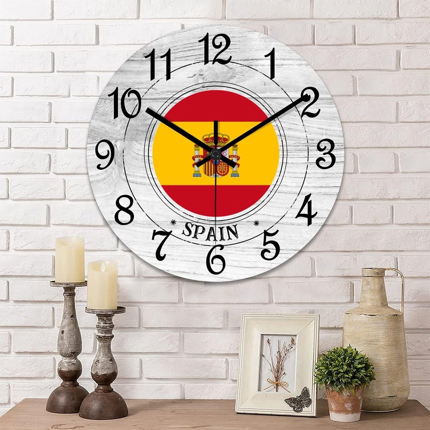Spain Flag Wooden Wall Clock Spain Hanging Wall Clock Battery Operated Non-Ticking Sweep 12 Inch Rustic Chic Farmhouse Wall Clock for Wall Laundry