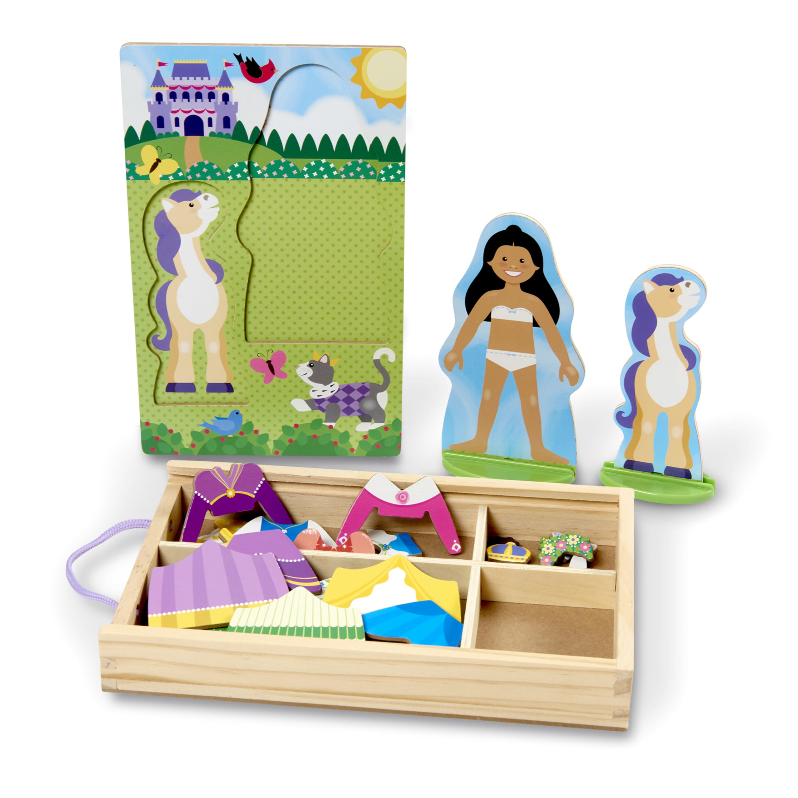 Melissa & Doug - Juego de imitación, de muñecos de madera para vestir con piezas magnéticas - Princesa y caballo (35 piezas)
