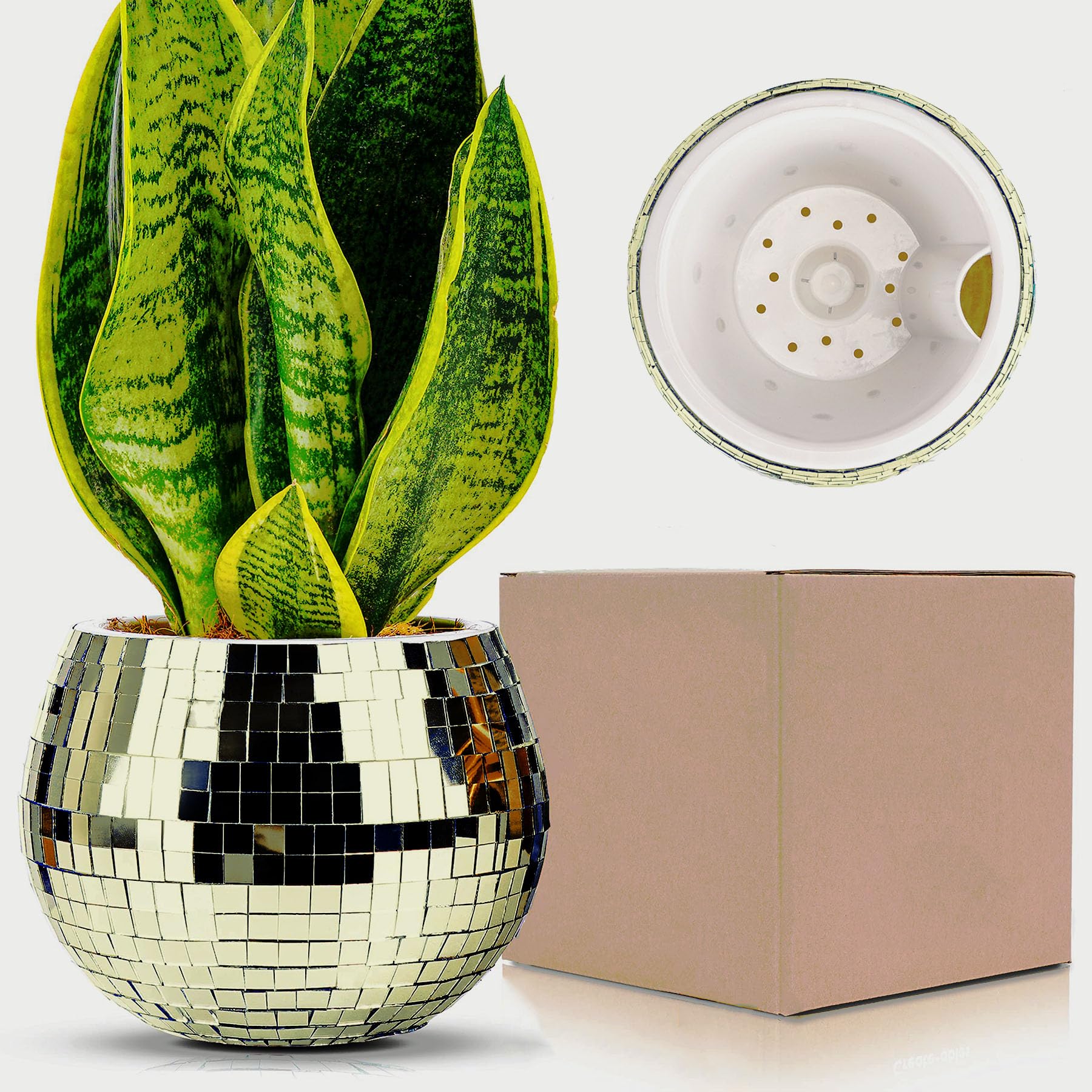 Qiumyanlod Disco Ball Flower Pot, Disco Ball Plant Pots, Self-Watering Disco Ball Planter, Golden Mosaic Mirror Ball, Disco Ball Flower Pot, Disco Decoration for Party, Office, Kitchen, 4 x 5 Inches