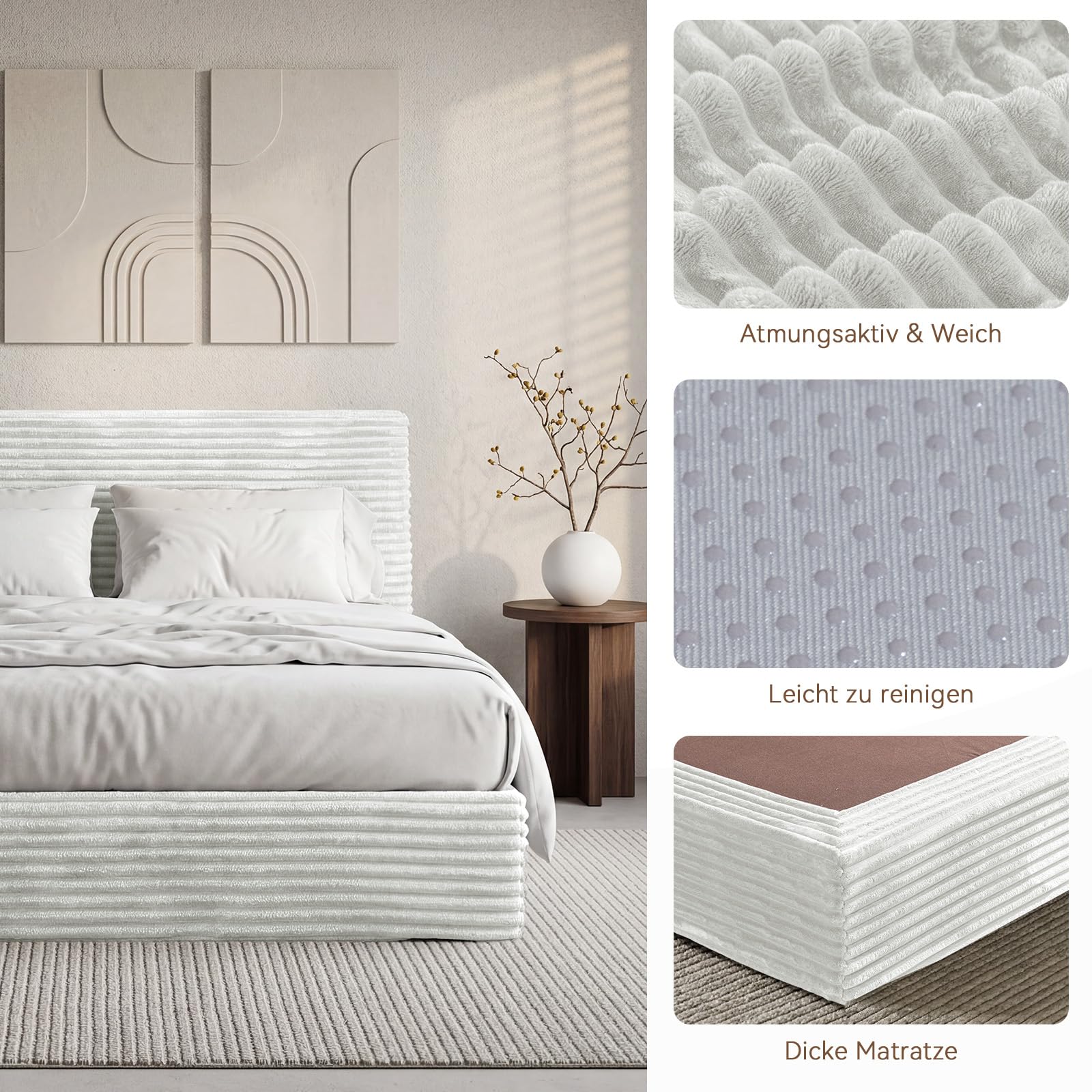 Vamcheer Schaumstoff-Bettgestell 140x200 cm (Ohne Matratze), Polsterbett mit 15cm extra Dicker Kopfteil, Geräuschloses Soft-Bett ohne Werkzeug Montage, Anti-Kollision Design, Beige
