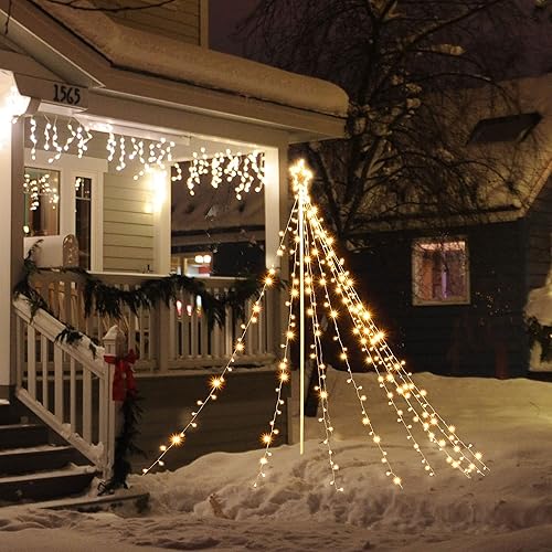 Yescom Luz de árbol de cascada LED de Navidad de 9 pies con acabado de estrella, 236 luces LED de estrella, 9 cuerdas, decoración al aire libre, disponible en Yaxa Guatemala