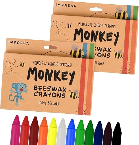 IMPRESA Crayones de cera de abeja natural, 12 unidades (paquete de 2), sacapuntas incluidos, juego de crayones triangulares gruesos jumbo para niños