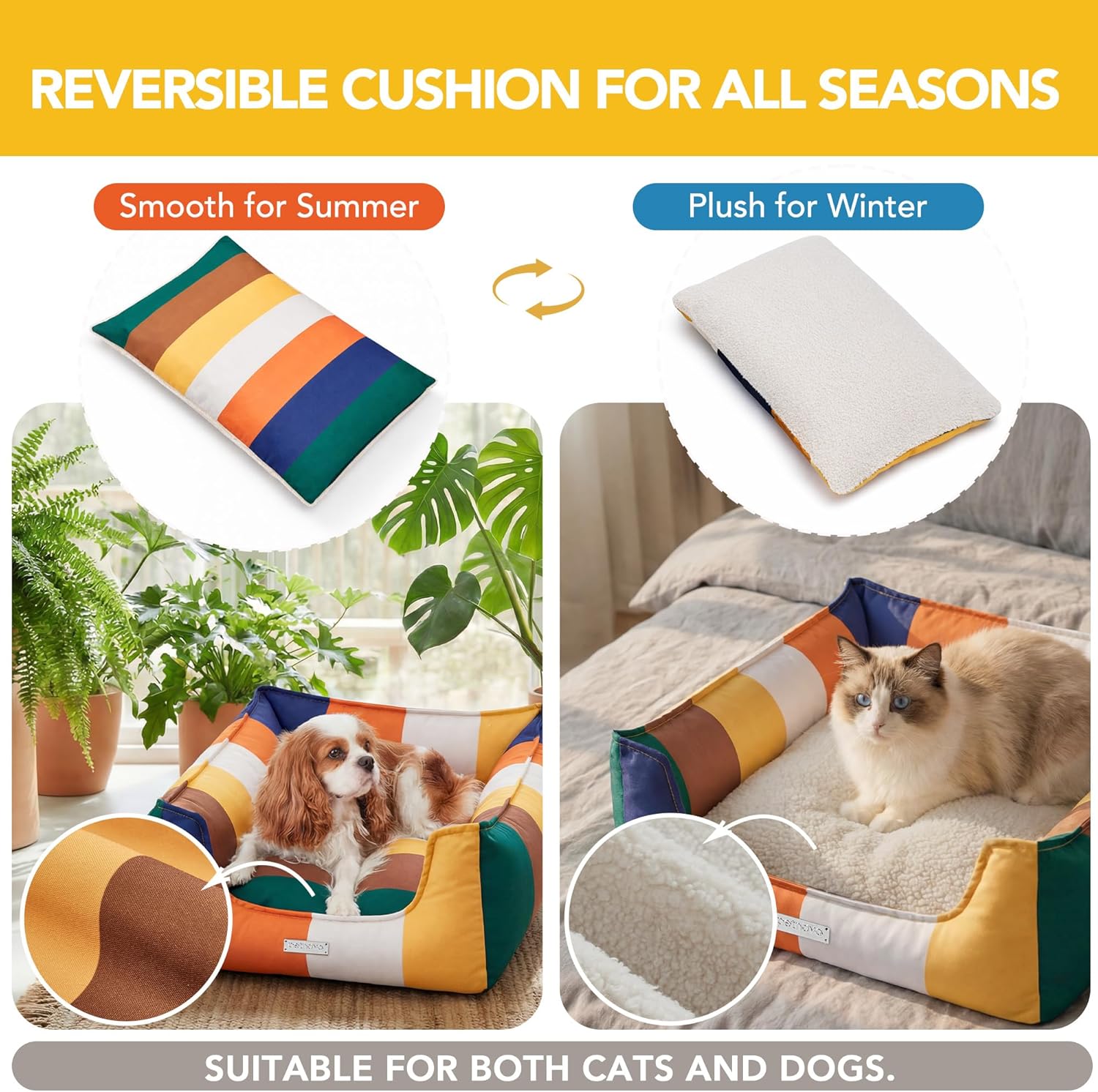 PETNOVO Dog Bed Small Dogs – Removable Washable Cover, Reversible Fleece Cushion, Non-Slip Bottom, Colorful Rainbow Pattern, Gift Box, 25.6 × 17.7 × 7.1 in