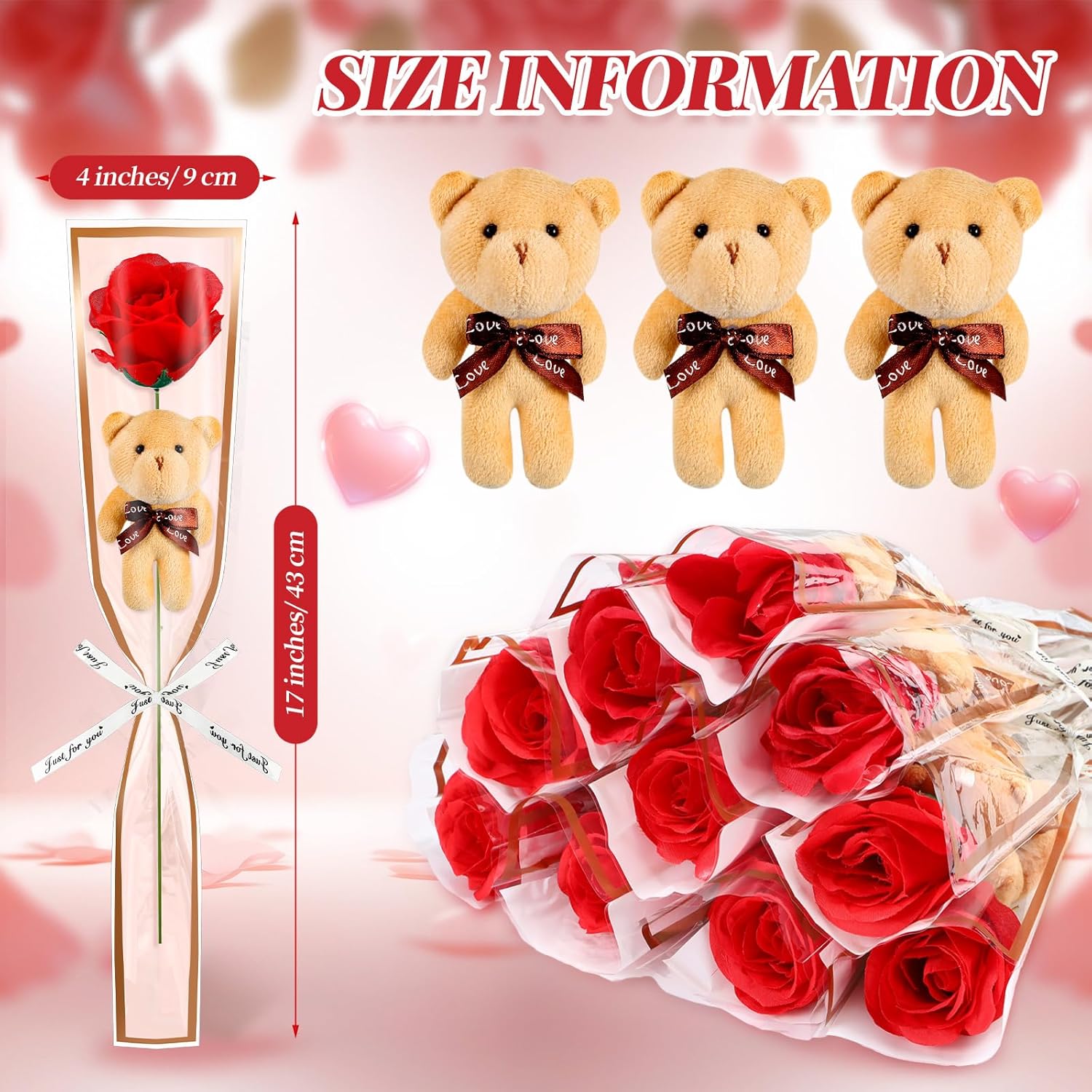 36 Pcs Valentine's Day Bouquet Rose with Bear Artificial Rose Bouquet Bear Single Red Silk Flower with Plush Gift for Valentine's Gifts