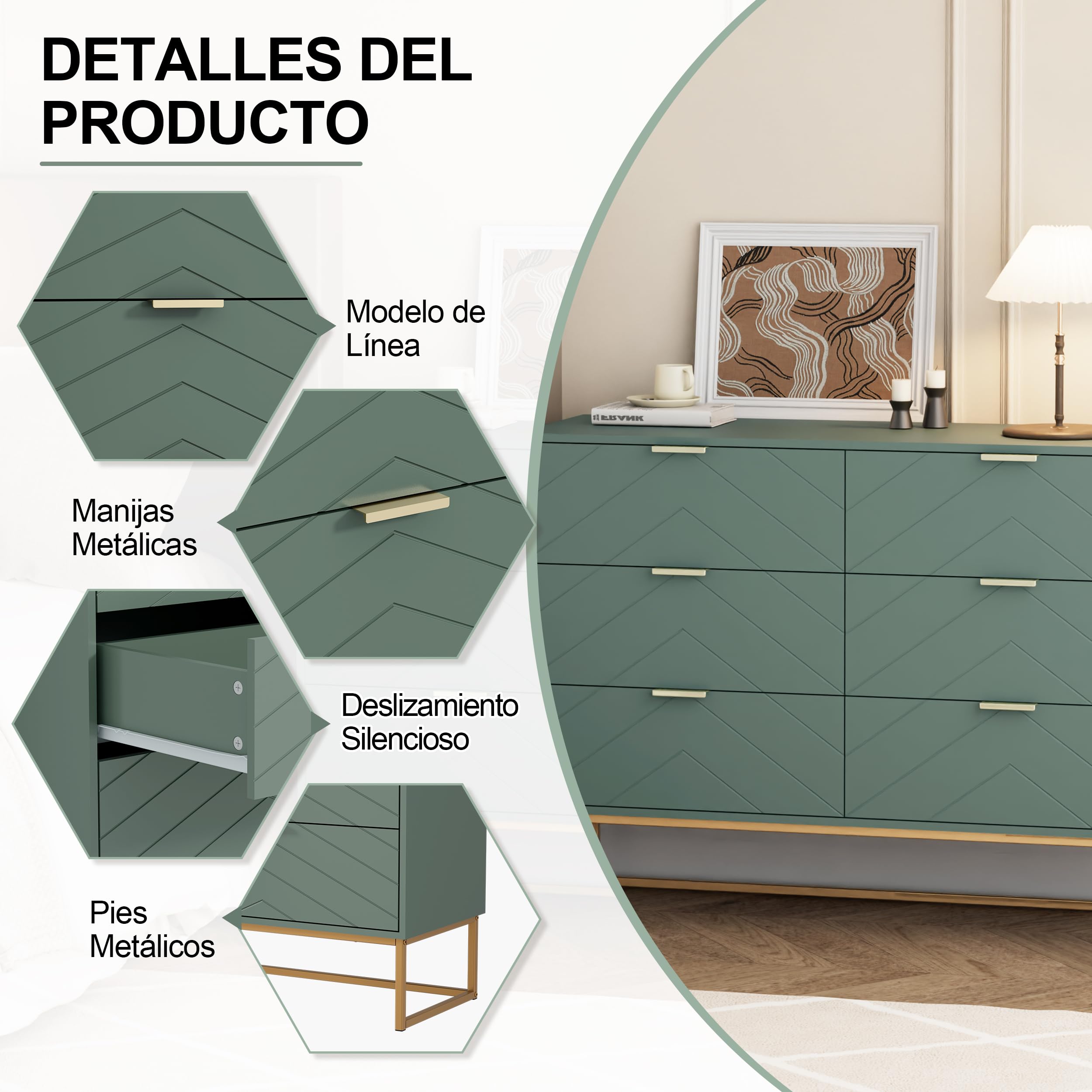 UEV Cómoda para Dormitorio, Cómoda con 6 Cajones y Patrón de Líneas, Armario Moderno y Práctico, Diseño Seguro Antivuelco, 100x34x73.5cm, Verde