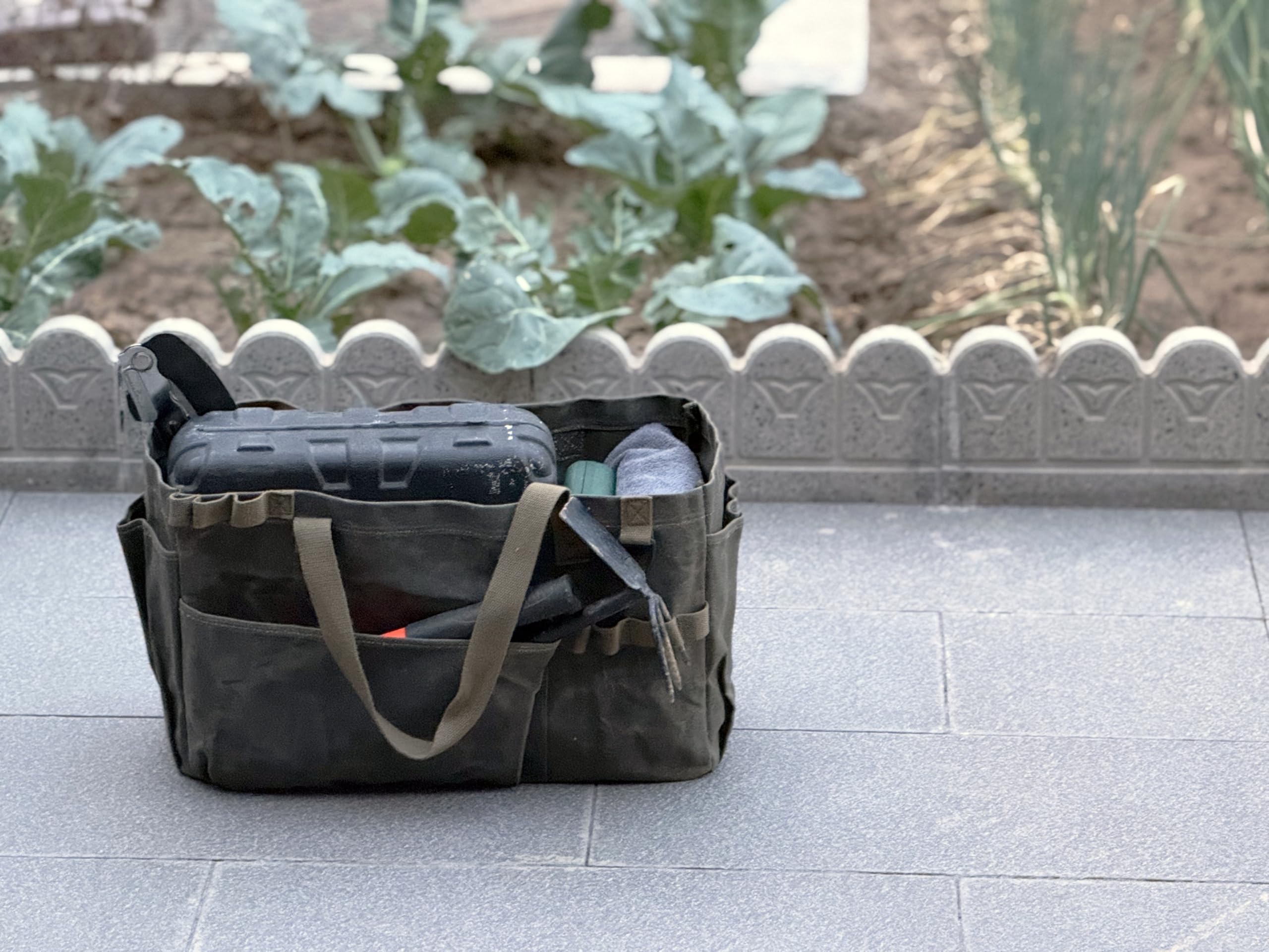 Faltbare werkzeugtasche Leer, gartenwerkzeug tasche, Handwerkzeugtasche groß, einkaufstasche klein, Waxed canvas 46x18x28cm - Ideal für Gärtner Elektriker Schreiner Handwerker(olivgrün)