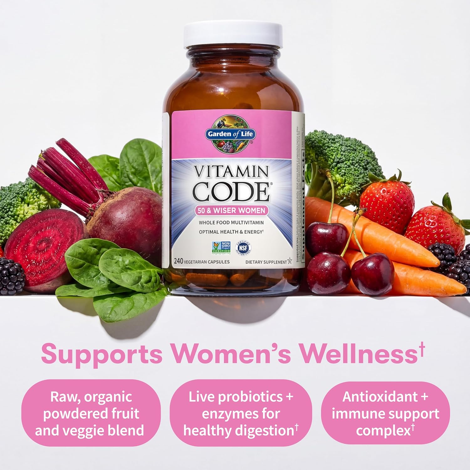 Garden of Life Vitamin Code Multivitamin for Women 50 & Over, B Vitamins, A, C, D3, E & K, CoQ10, Probiotics & Enzymes, for Women 50 Plus, 240 Capsules - Image 5