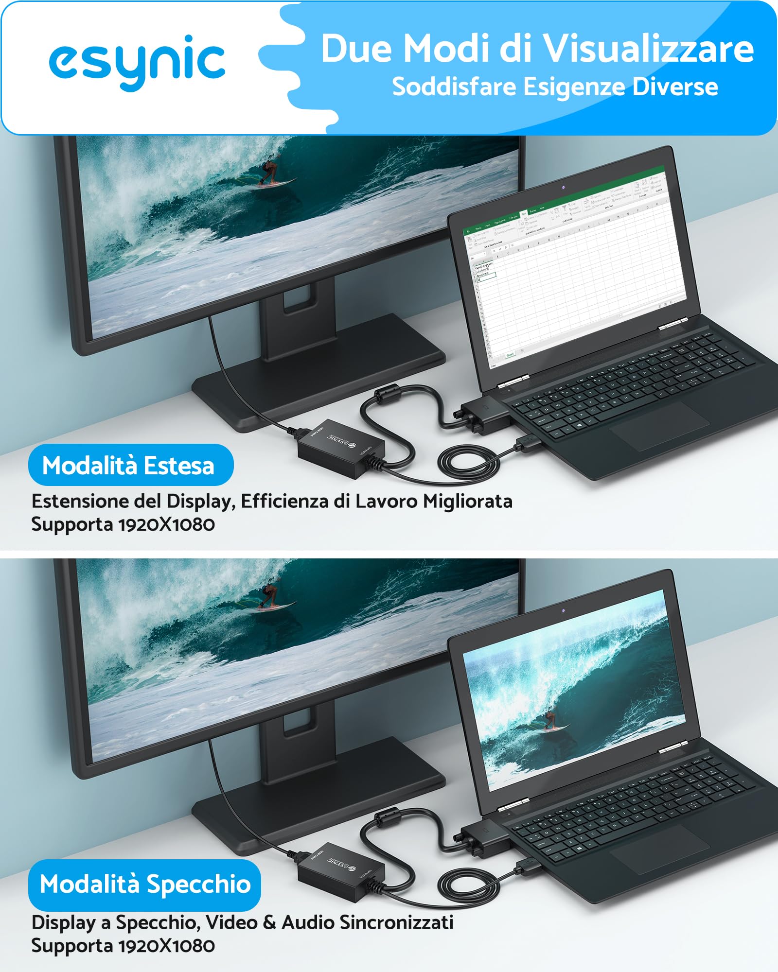 eSynic Convertitore VGA a HDMI con USB Audio Supporta 1080P, Adattatore Analogico a Digitale con Cavo VGA 30cm e Cavo USB 1M a HDMI Video Audio 2CH, Connettore Placcato Oro per PC HDTV Proiettore