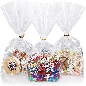 Becellen 100 Pezzi Sacchetti Biscotti Etichette Regalo Natale Set, Fiocco di Neve Sacchetti Cellophane Christmas Kraft Etichetta per Feste di Natale