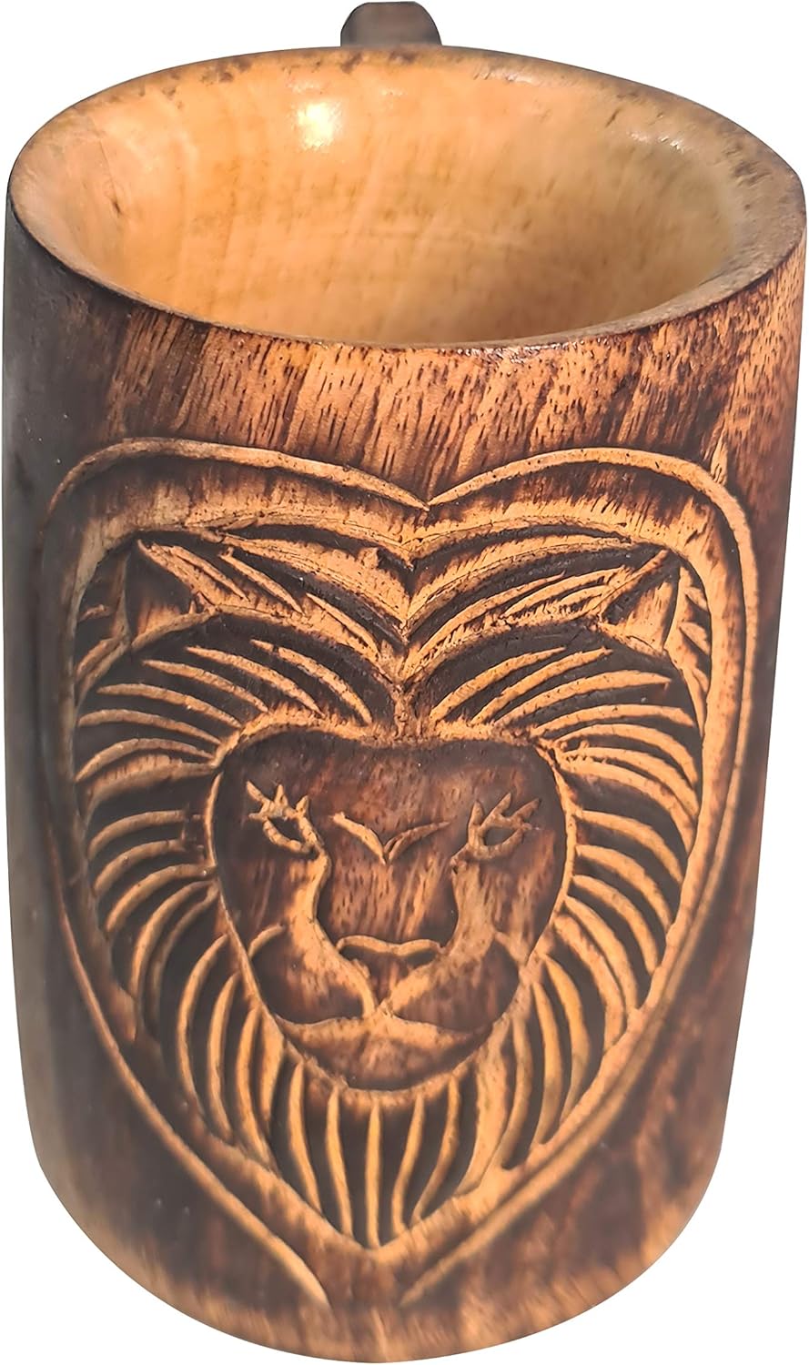 Handmade Wooden Beer Mug with Lion Design Vintage Rustic Wood Cup for Tea, Coffee, Juice, Milk Home Bar & Kitchen Drinkware Décor
