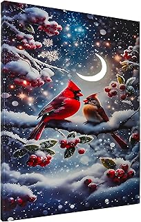 Light up Cardinals Canvas Wall Pictures w/Timer, Fiber-optic Lights LED Lighted Winter Picture Cardinal on Berry Portrait Art, Artist Origin Painting Print Framed, Lucky Christmas Decor Indoor Gifts