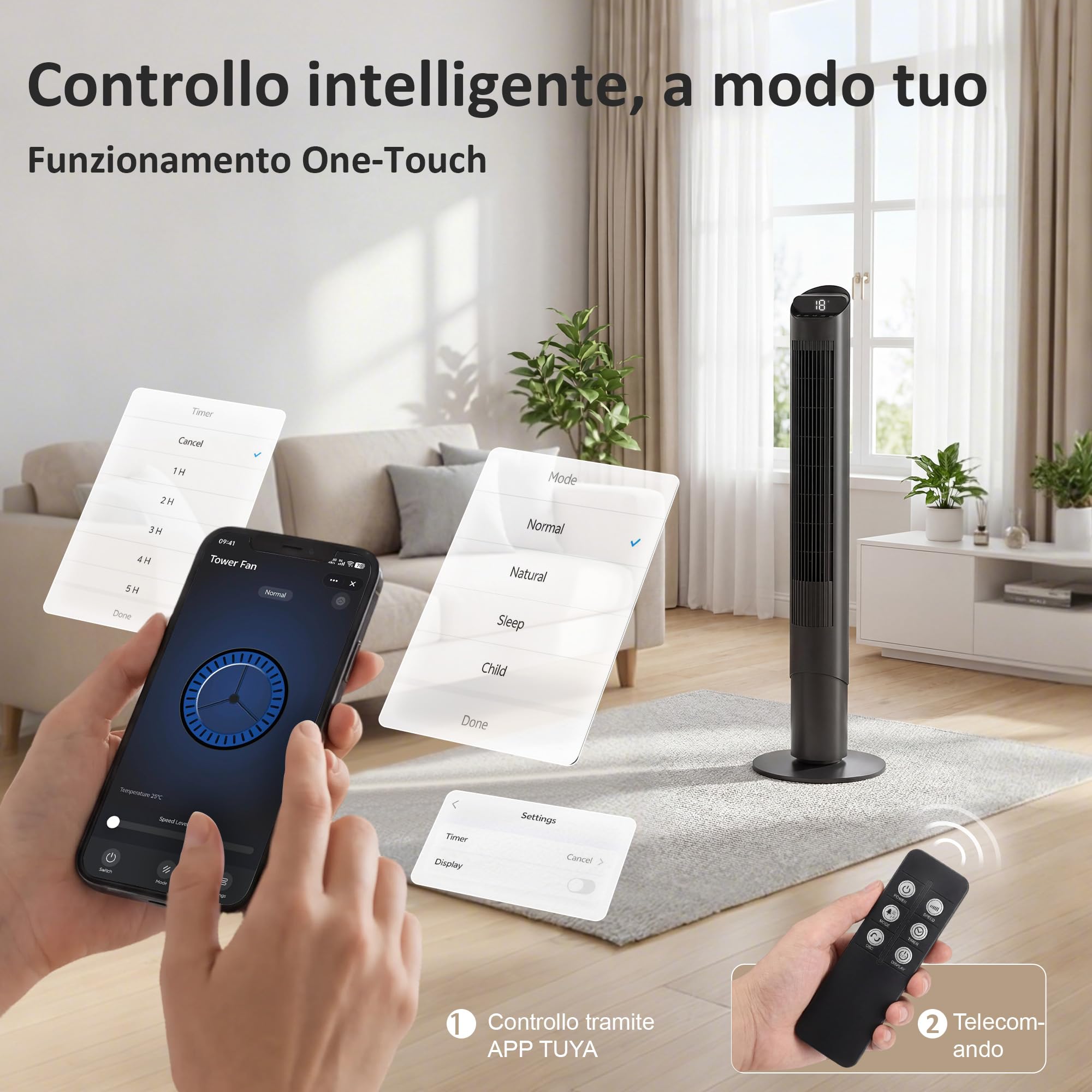 HOMCOM Ventilatore a Torre 116 cm con App WIFI e Telecomando, Ventilatore a Colonna Silenziosa con 6 Velocità, 4 Modalità, Oscillazione 65°, Timer 12H, Schermo LED, 45W, per Camera da Letto, Nero