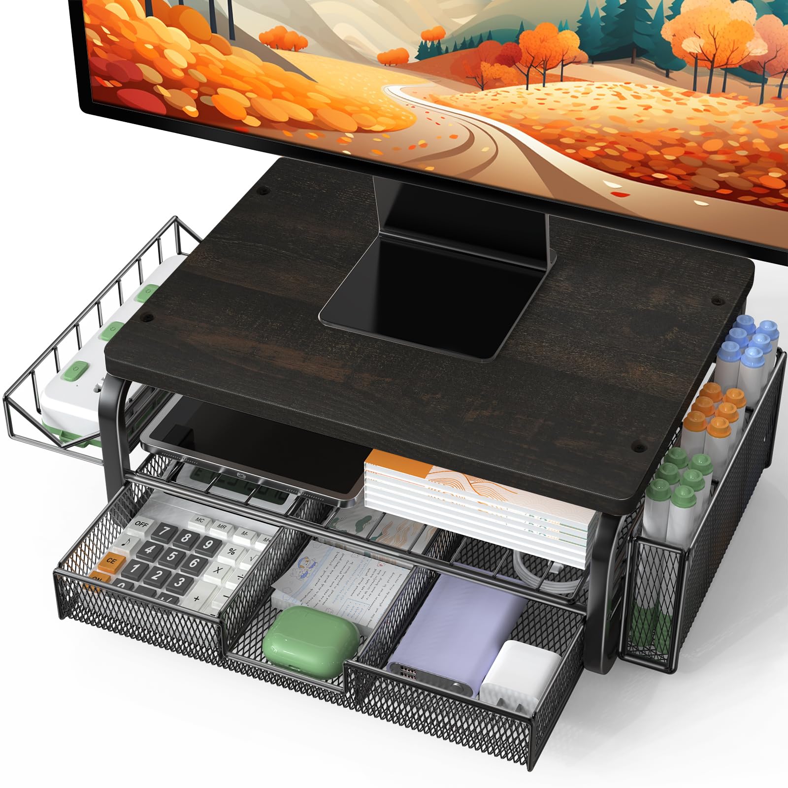 Qatsrin High Grade Wood Monitor Stand Riser, Large Capacity Monitor Stand with Drawer, Monitor Stand for Desk with Plug Holder and Pen Holder, Monitor Riser Desk Organizer for Laptop iMac, Black