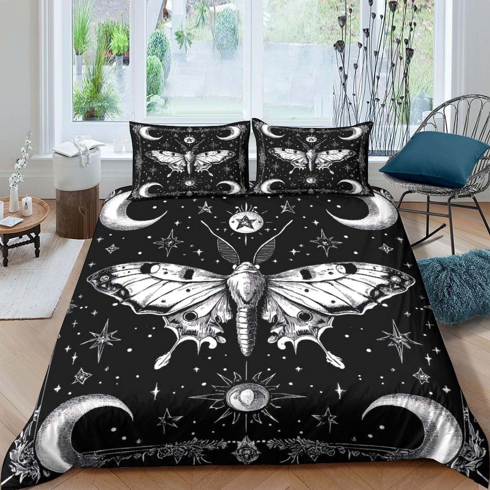 Ctjqhvkz Style-10 3D Printed Moth Moon Fitted Sheet Microfiber Soft Black Bed Cover Bedroom Decor Dustproof Easy Care Single（135X200cm）