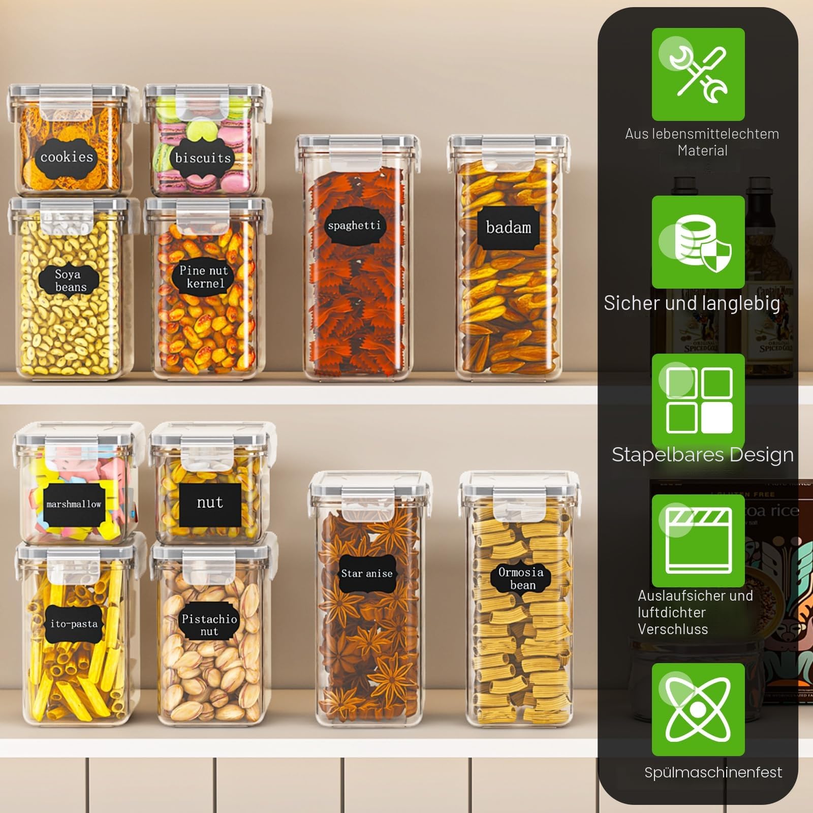 PurKeep Set mit 24 luftdichten Vorratsdosen & Kühlschrank-Organizer, BPA-frei, Küchenaufbewahrungsbehälter für Müsli, Mehl, Zucker, Körner & Backzubehör, 42 Liter großes Volumen inkl. 24 Etiketten