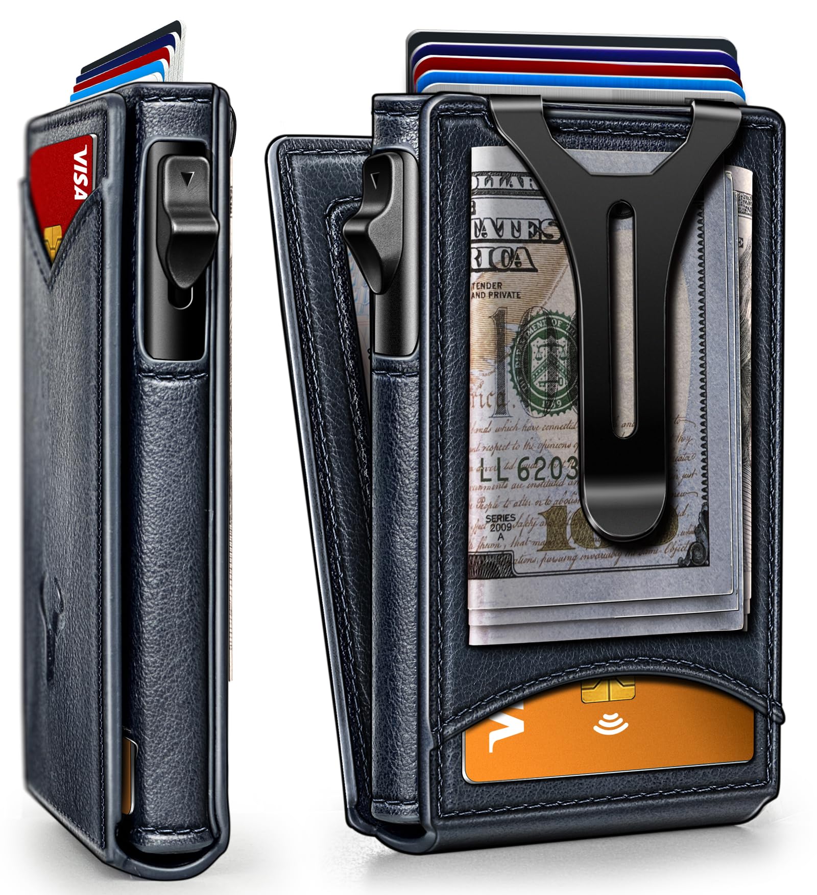 BULLIANT Men Slim Magnetic Leather Wallet Metal Case Money Clip 9 Cards | RFID Blocking | Easy Pop-up Access | Gift Boxed