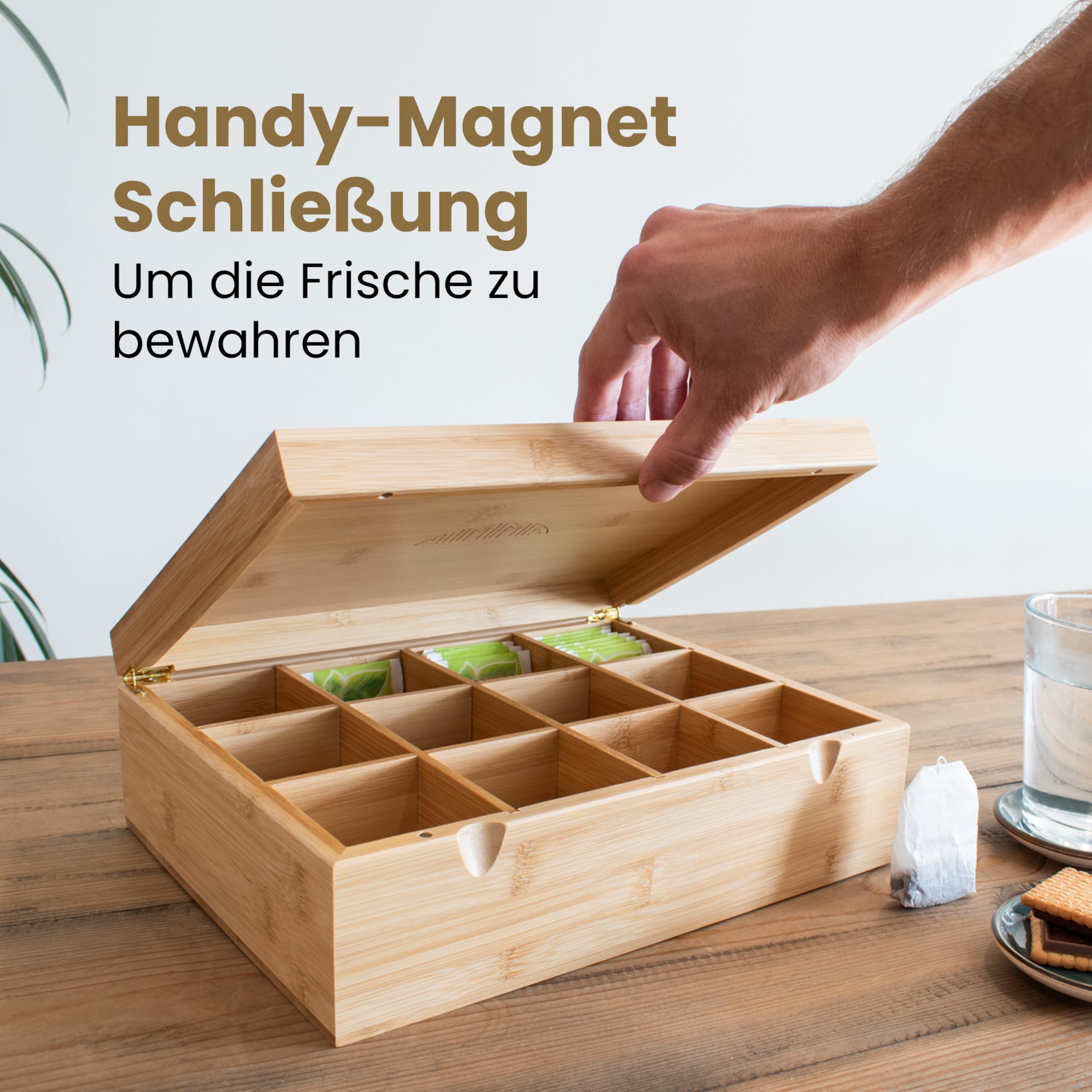 NIMMA Teeboxen – Teebox aus Holz mit Magnetverschluss – Geeignet für Pickwick, Lipton und mehr – Extra große Fächer für Teebeutel und losen Tee (1, Braun, 12 Fächer)