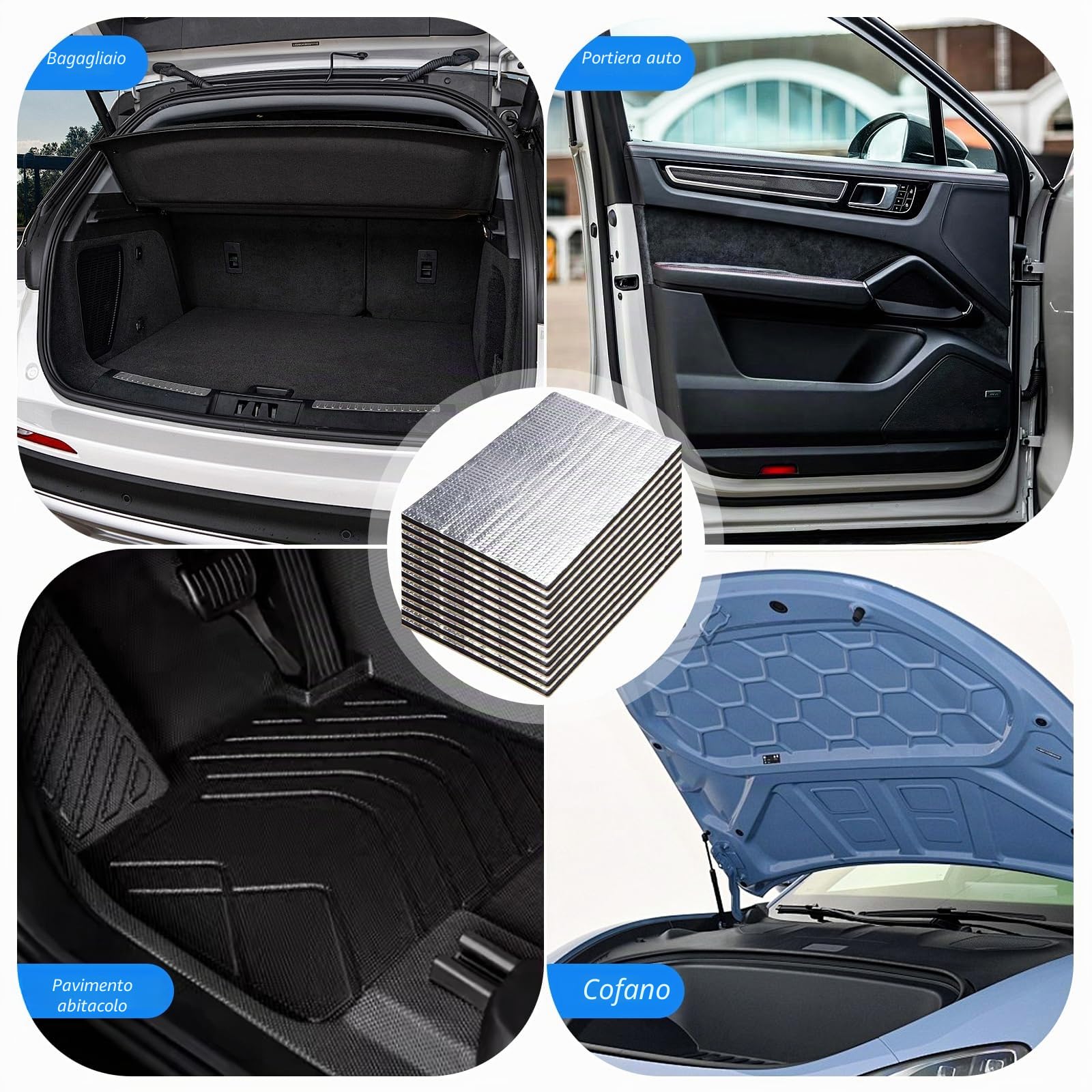 12 tappetini isolantiacustico per auto, 5 mm, 40 x 25 cm, autoadesivi, per vano motore, 1 m², isolamento acustico ignifugo, impermeabile