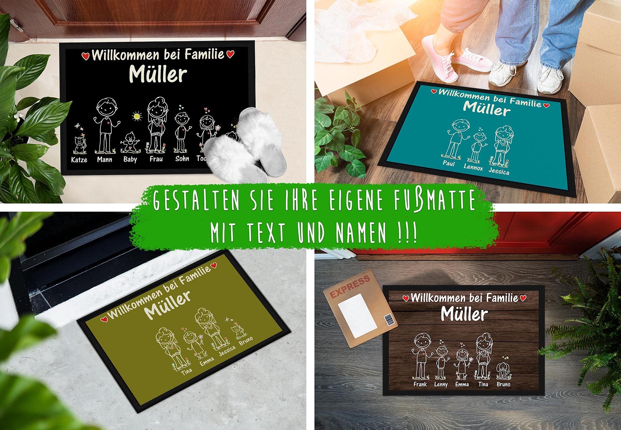 Fußmatte selbst gestalten - Familien Namen 1,2 oder 3 Kinder, Hund, Katze- Willkommen - individuell bedruckt - Strichmännchen, Geschenk Einzug, Richtfest, Geburtstag I Personalisiert, 120 x 80 cm