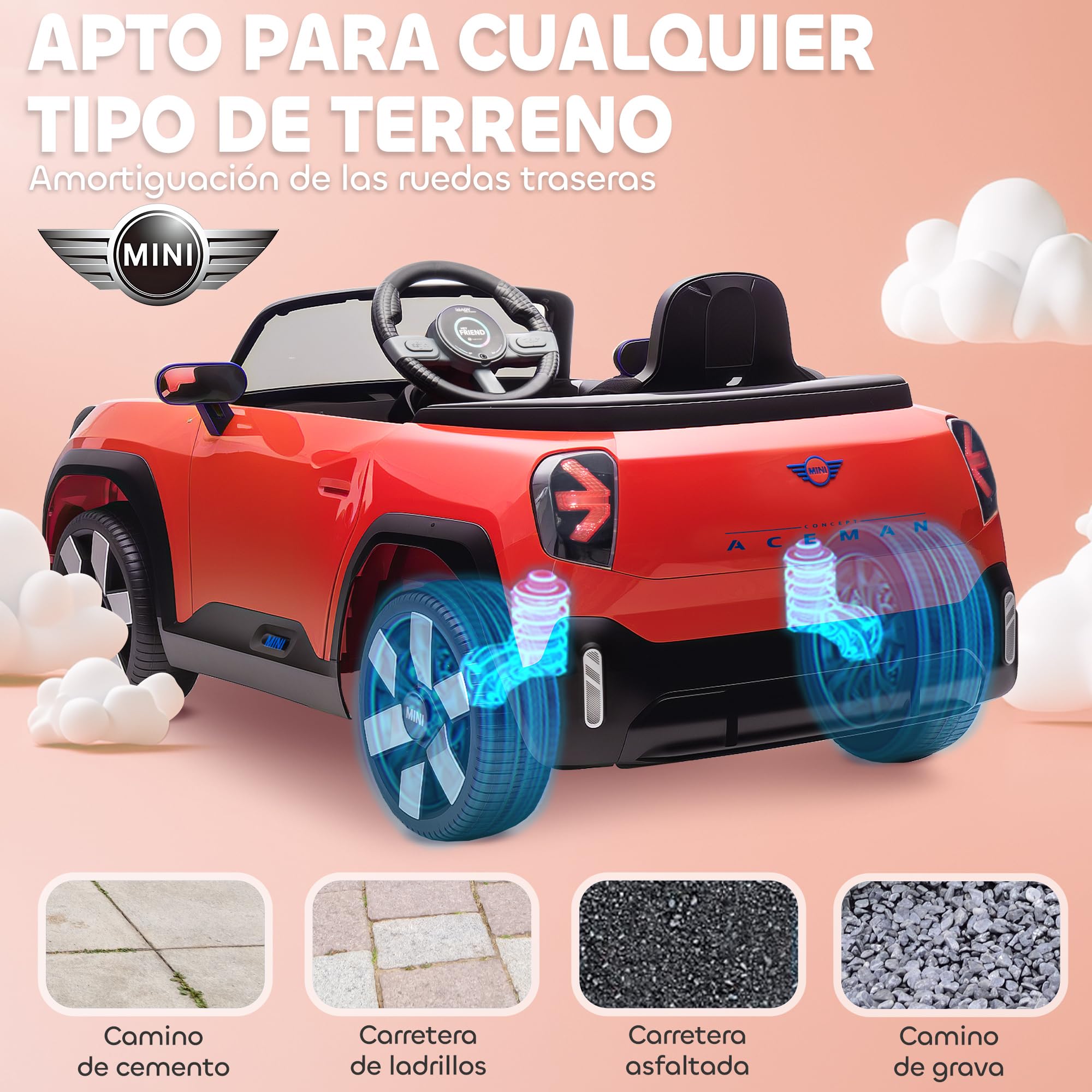 AIYAPLAY Coche Eléctrico 12V para Niños +3 Años, Mini Aceman, Bluetooth, Mando 2,4G, Motor Doble, Rojo