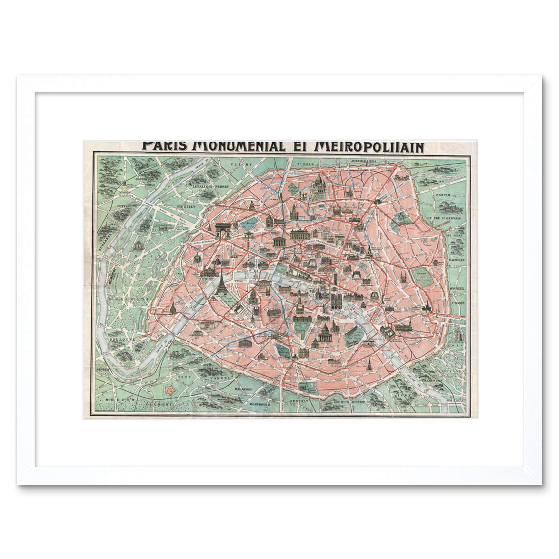 Wee Blue Coo Robelin Paris Monument Map French Artwork Framed Wall Art Print 12X16 Inch