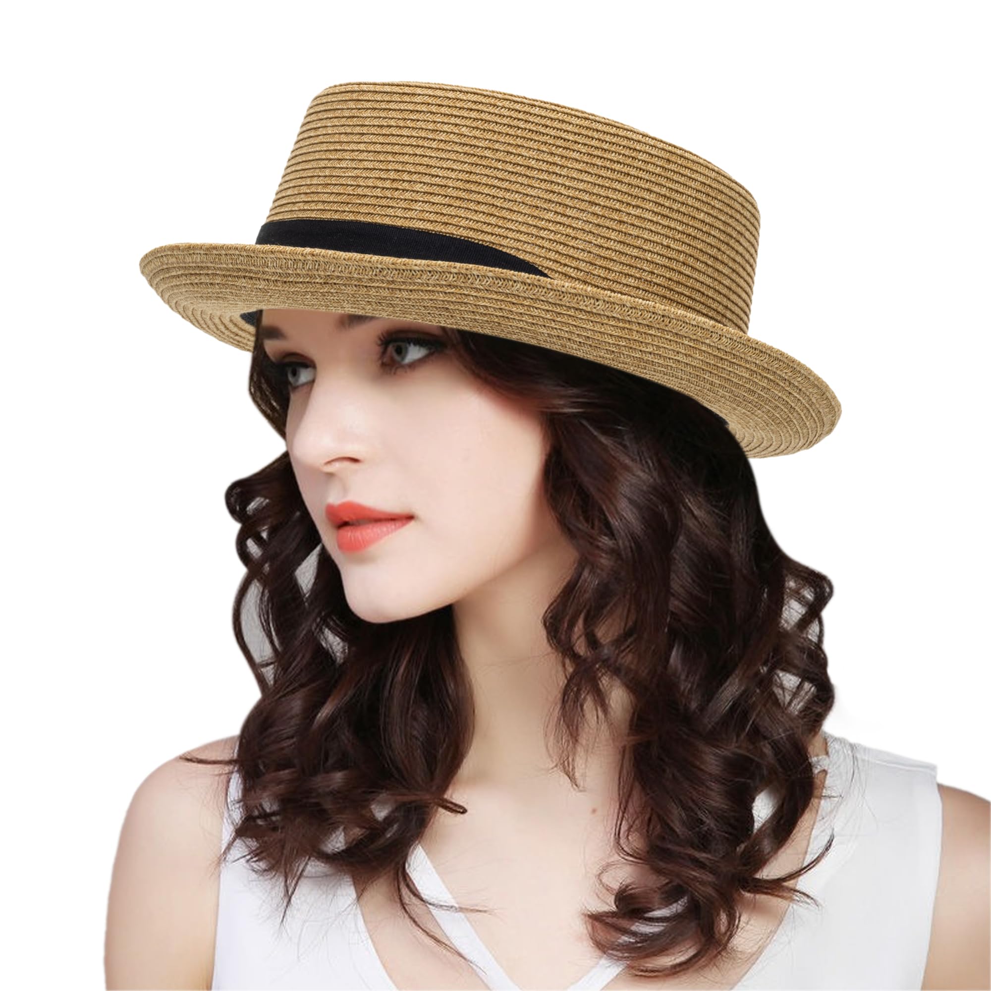 Sombrero clásico de paja de pastel de cerdo para mujeres y hombres, sombrero de verano con ala enrollable, sombrero de paja Fedora sombrero de playa con lazo
