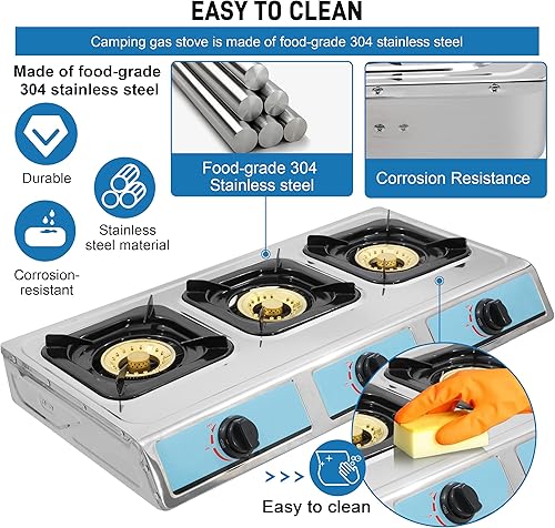 Miniatura 4 de Estufa de gas propano, estufa de gas de 3 quemadores, estufa de gas portátil de encendido automático, estufa de acero inoxidable de 3 quemadores GLP