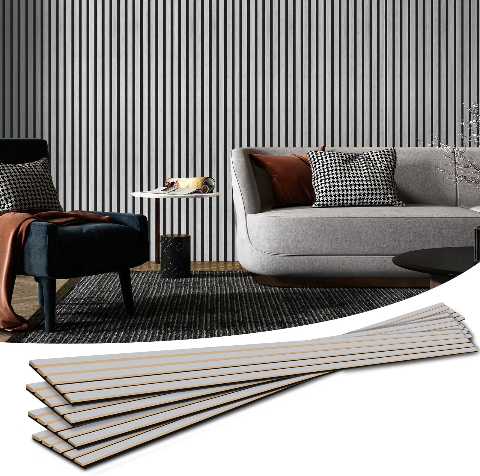 Art3d 4-Piece Wood Slat Acoustic Panels for Stylish Decor and Noise Reduction, 3D Textured Panel for Ceiling and Wall, Brushed Silver