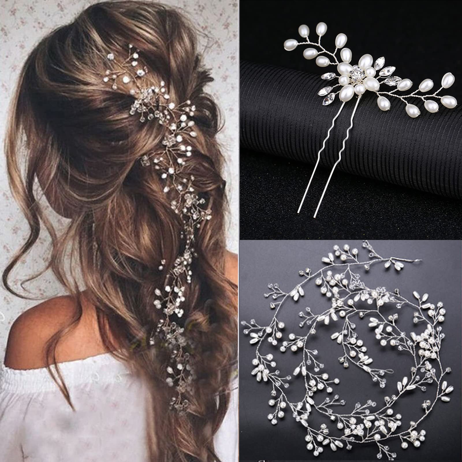 Bridal Wedding Hair Accessories Long Pearl and Crystal Beads Hair Vine Wedding Headband,2 PCS of Crystal Rhinestone Hair Pins,1 Pack Jewelry Hair