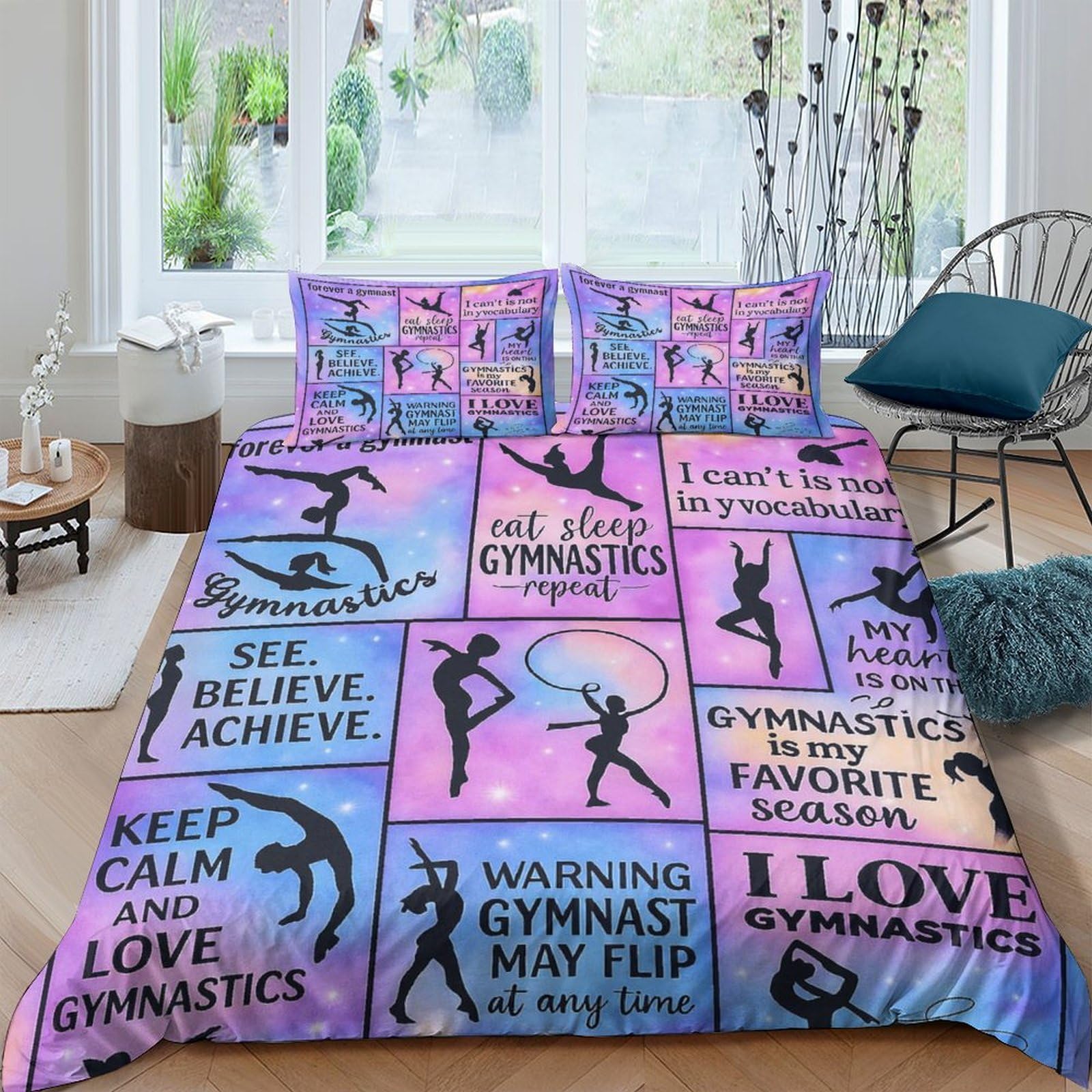 Ctjqhvkz Style-8 3D Printed Gymnastics Silhouette Fitted Sheet Microfiber Soft Purple Blue Bed Cover For Bedroom Dorm Mattress Decor Single（135X200cm）