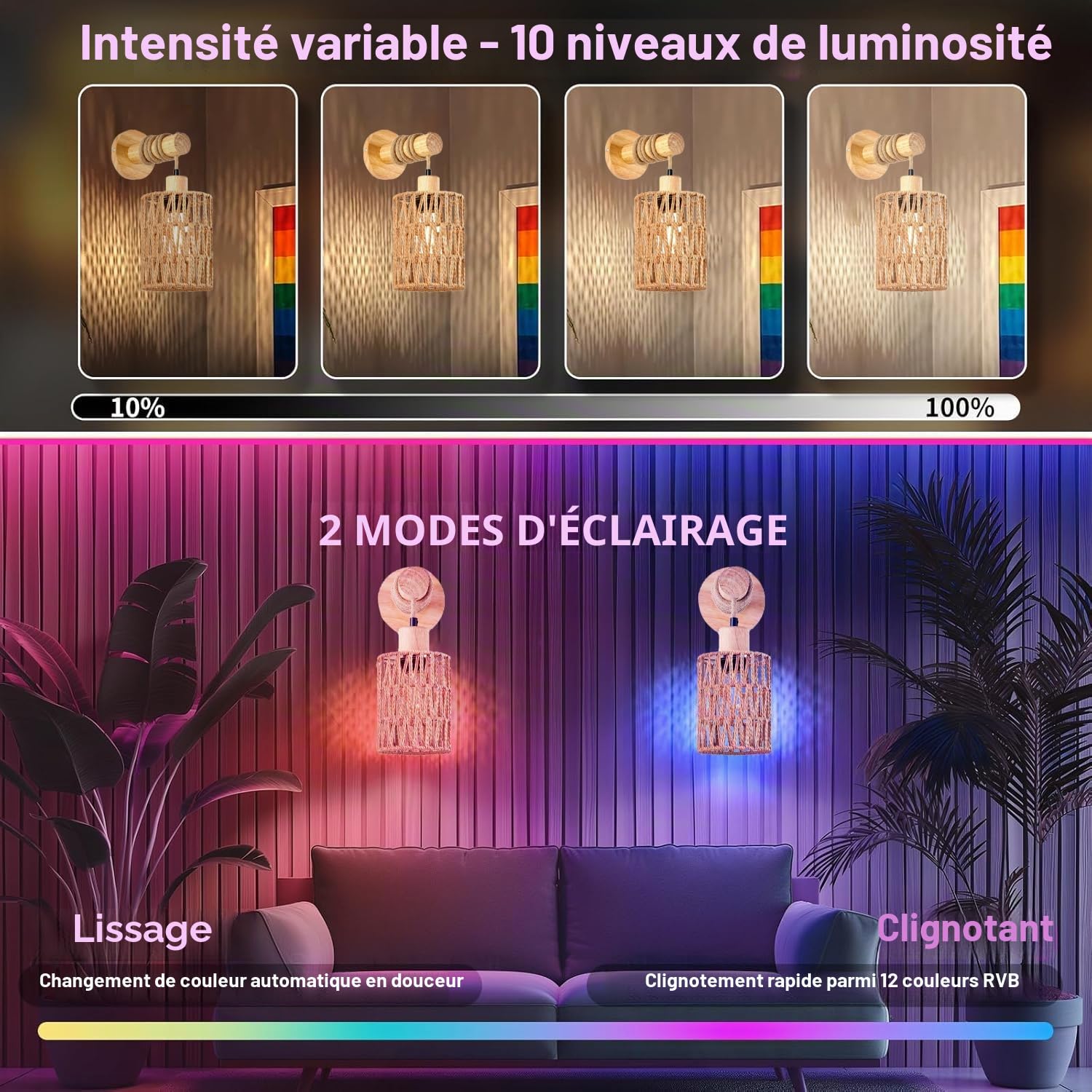 Lot de 2 Applique Murale Interieure E27 Lampe Murale Sans Fil Rechargeable USB avec Télécommande Bois Vintage Lampe Murale RGB Applique Lampes Bohème Rotin Pour Chambre Chevet Couloir Salon