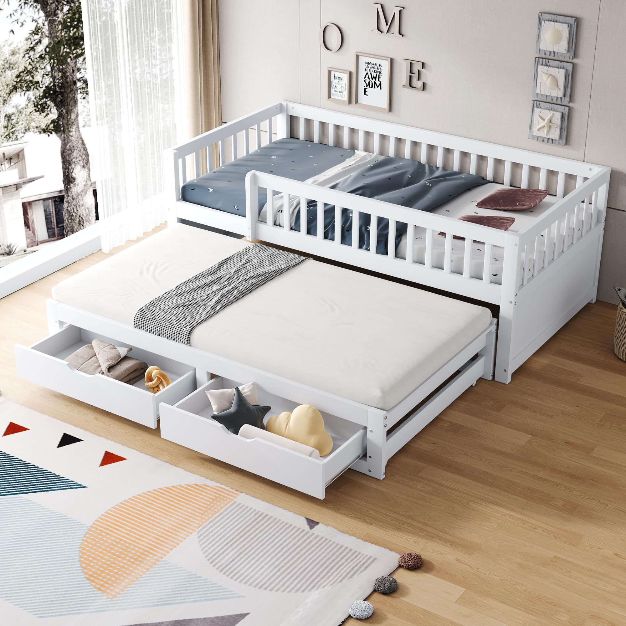 Dolamaní Kinderbett 90x200 cm mit Ausziehbares Bett, Bodenbett mit 2 Schubladen Darunter, Ausziehbett mit Lattenrost, Gästebett Jugendzimmer Kojenbett ohne Matratze (Weiß)