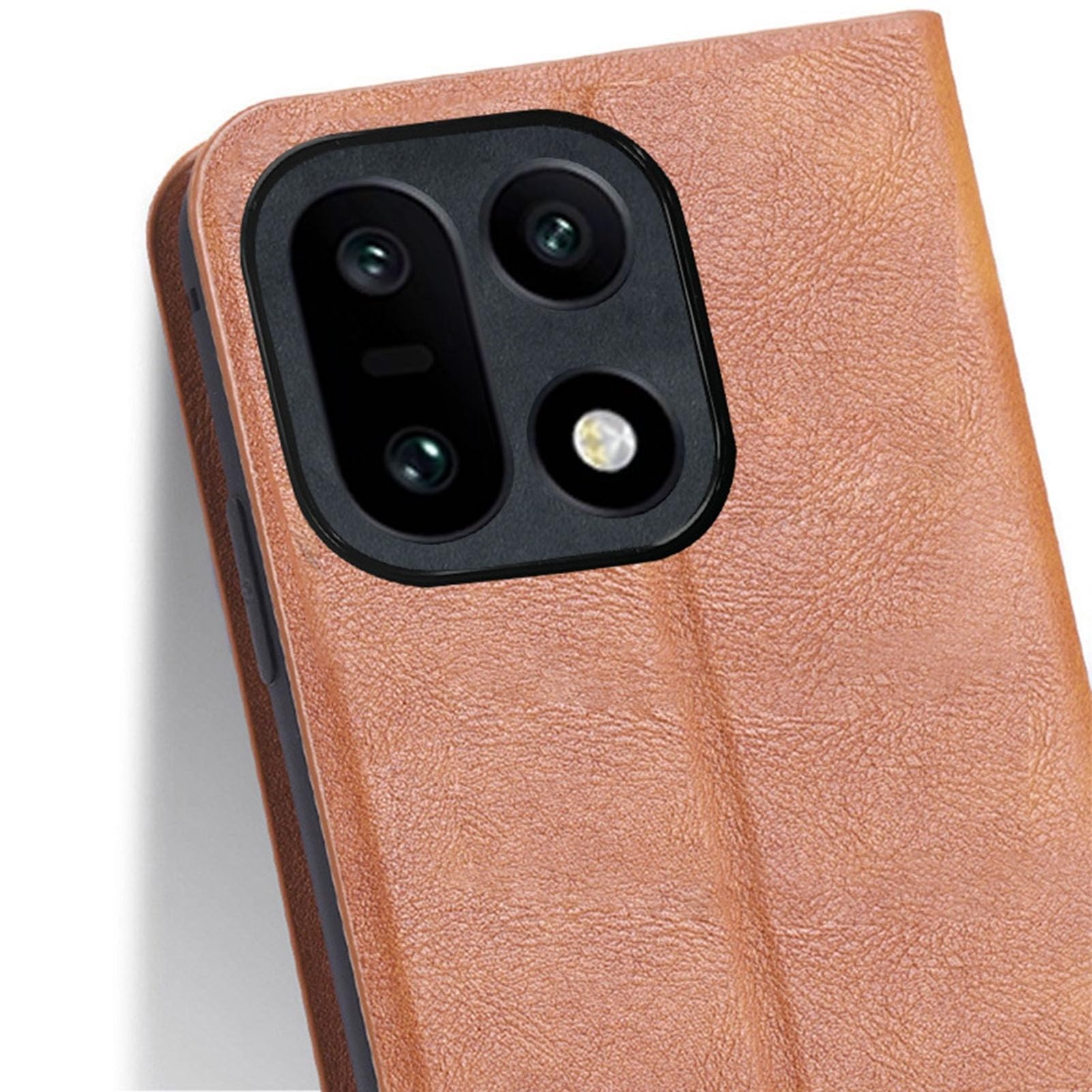 Case For OnePlus 15, etui ze skóry PU z przegródką na karty bez odcisków palców podpórka (brązowa)