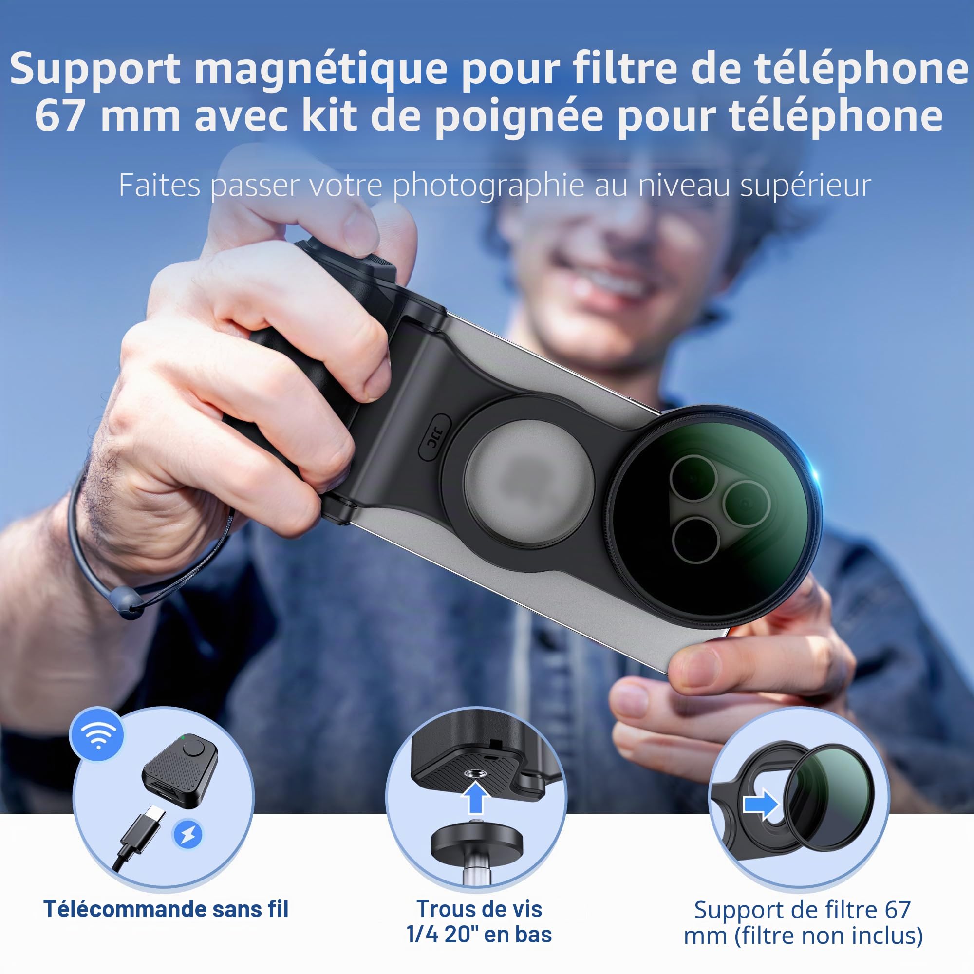 JJC Handgirp Adaptateur de Filtre magnétique pour téléphone, Filtre CPL 67 mm, kit 3 en 1 pour iPhone 17 Pro Max/16 Pro Max/15 Pro Max/14 Pro Max – Ensemble de filtres magnétiques pour Appareil Photo