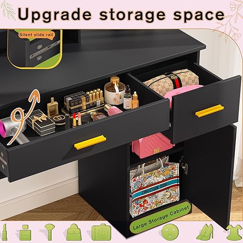 Miniatura 15 de Greenvelly Escritorio de maquillaje blanco con espejo, maquillaje de madera con 3 modos de iluminación, 2 cajones espaciosos y 6 compartimentos de